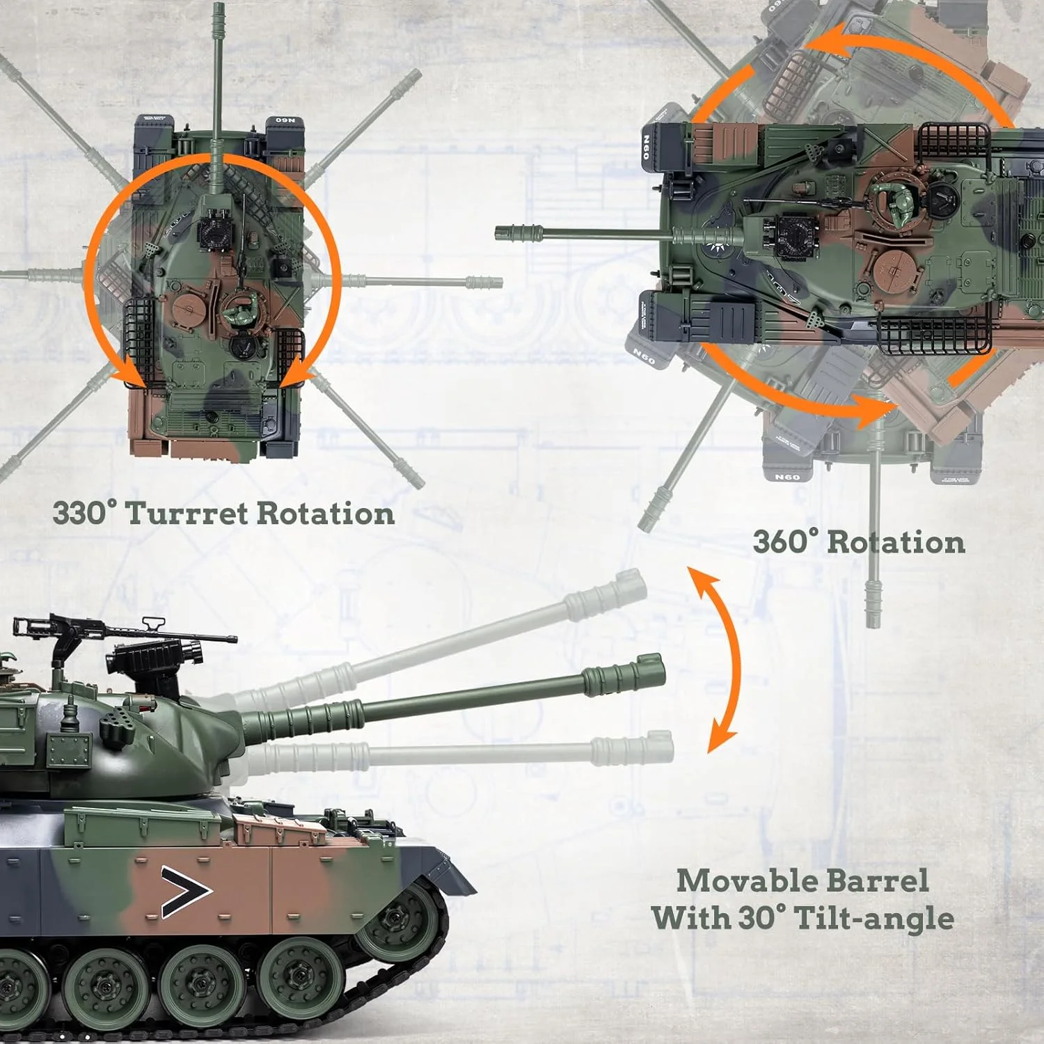 تانک کنترلی 1:18، مدل تانک کنترل از راه دور M60 ایالات متحده 2.4 گیگاهرتز، اسباب بازی مدل تانک جنگی 15 کاناله با قابلیت پرتاب تیر و بمب آبی مناسب بزرگسالان و کودکان