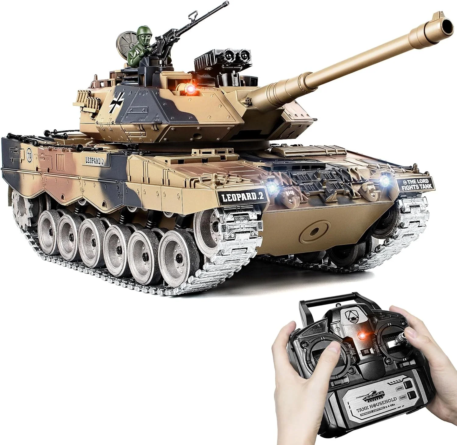 تانک کنترلی 1:18، مدل تانک آلمانی لئوپارد II با کنترل از راه دور 2.4 گیگاهرتزی که گلوله های پلاستیکی و بمب آبی شلیک می کند، ماشین نظامی کنترلی برای بزرگسالان و کودکان، تانک اسباب بازی ارتشی با دود، صدا، لگد، چراغ