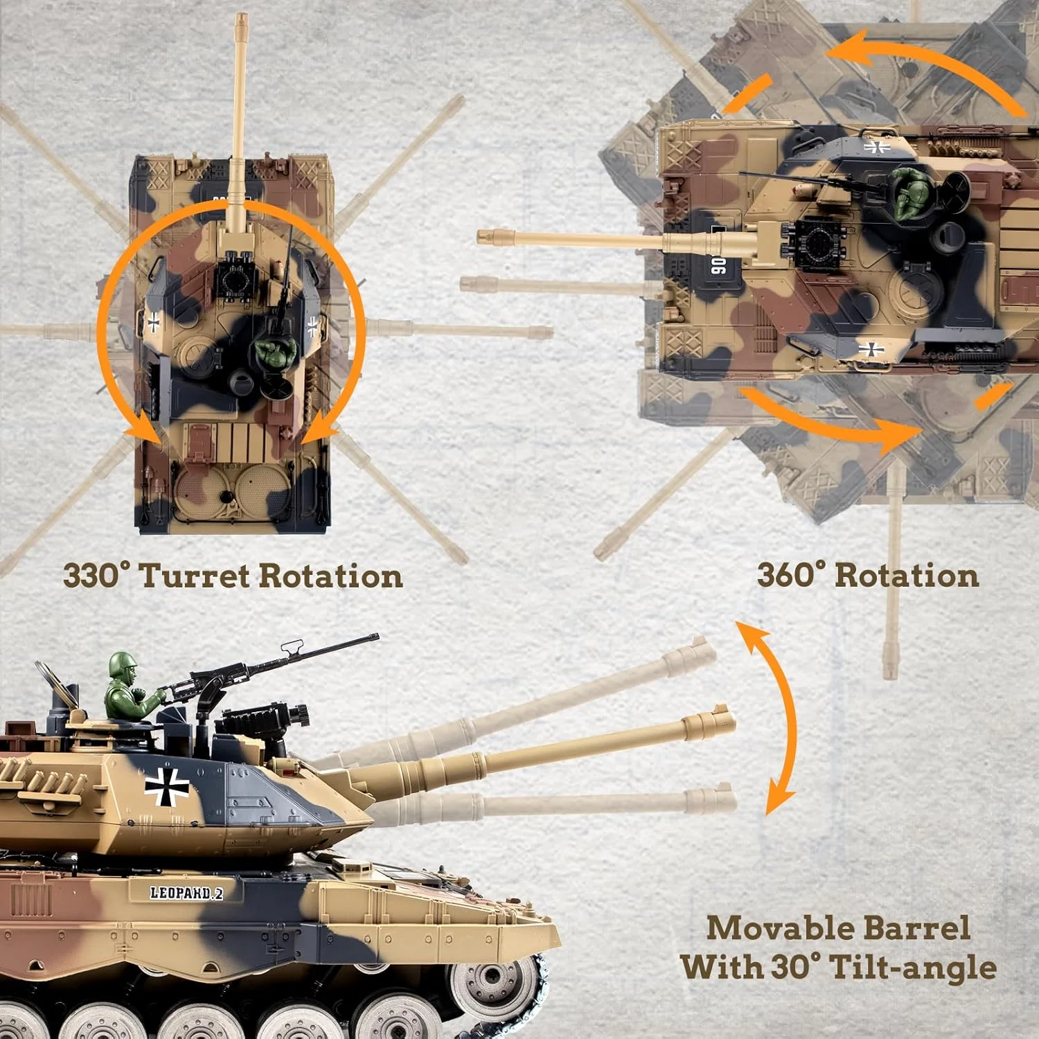 تانک کنترلی 1:18، مدل تانک آلمانی لئوپارد II با کنترل از راه دور 2.4 گیگاهرتزی که گلوله های پلاستیکی و بمب آبی شلیک می کند، ماشین نظامی کنترلی برای بزرگسالان و کودکان، تانک اسباب بازی ارتشی با دود، صدا، لگد، چراغ