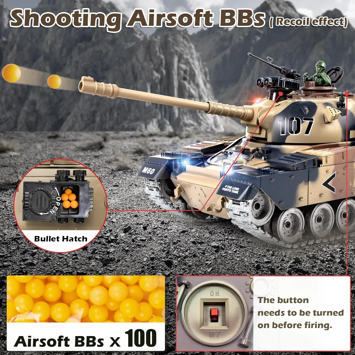 تانک کنترلی 1:18، مدل تانک آلمانی لئوپارد II با کنترل از راه دور 2.4 گیگاهرتزی که گلوله های پلاستیکی و بمب آبی شلیک می کند، ماشین نظامی کنترلی برای بزرگسالان و کودکان، تانک اسباب بازی ارتشی با دود، صدا، لگد، چراغ