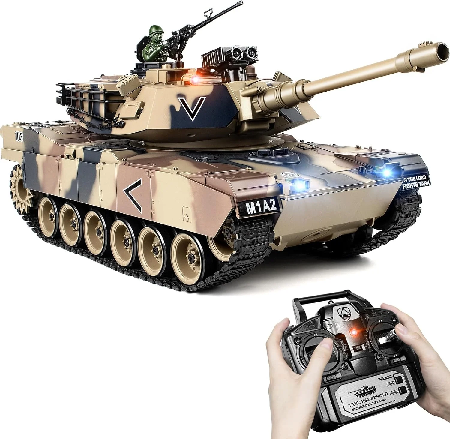 مدل تانک کنترلی 1:18، تانک مدل M1A2 ایالات متحده با کنترل از راه دور 2.4 گیگاهرتز، تانک جنگی 15 کاناله با جلوه های دود، نور و صدا، کامیون نظامی کنترلی برای بزرگسالان و کودکان که پرتاب کننده گلوله و بمب آبی است