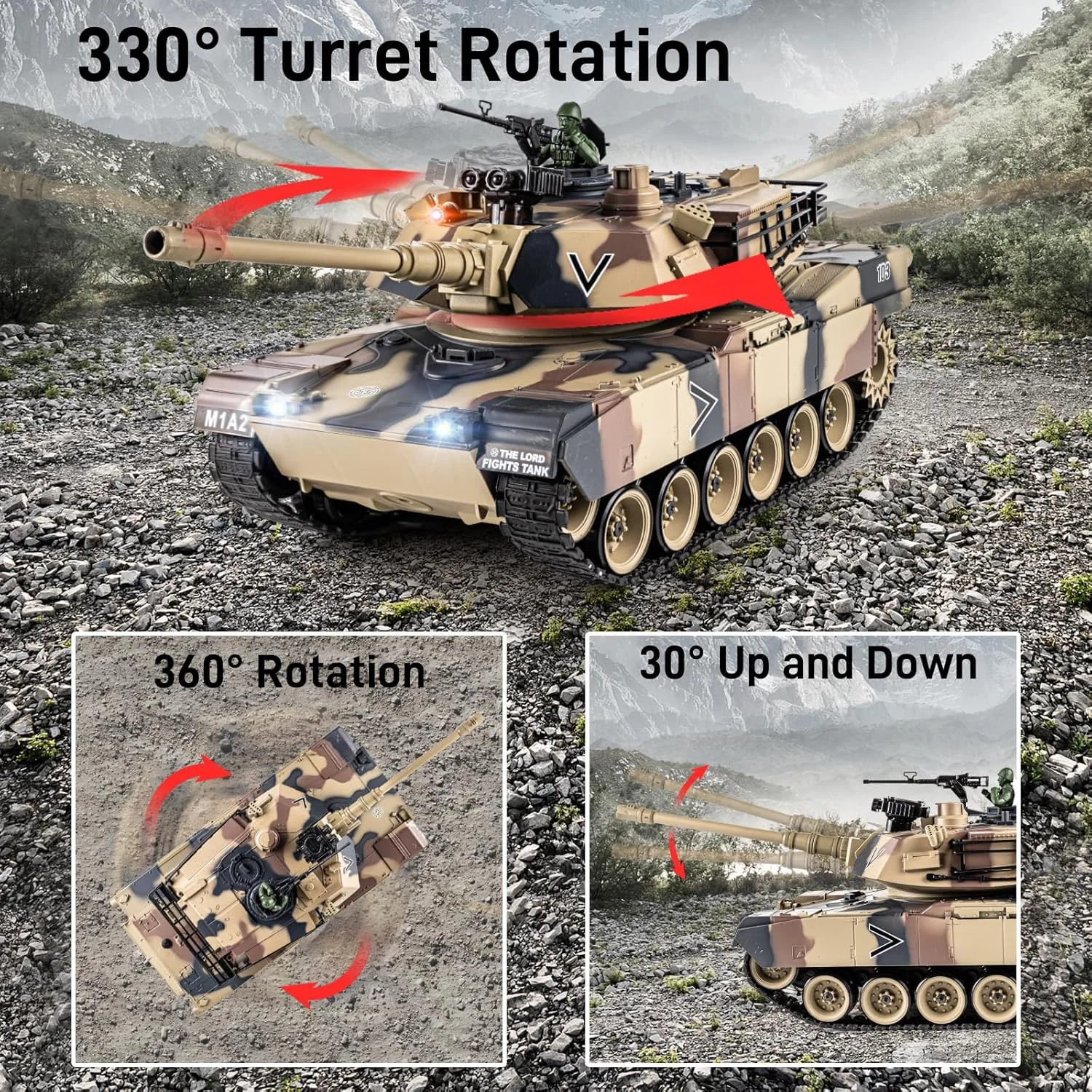 مدل تانک کنترلی 1:18، تانک مدل M1A2 ایالات متحده با کنترل از راه دور 2.4 گیگاهرتز، تانک جنگی 15 کاناله با جلوه های دود، نور و صدا، کامیون نظامی کنترلی برای بزرگسالان و کودکان که پرتاب کننده گلوله و بمب آبی است