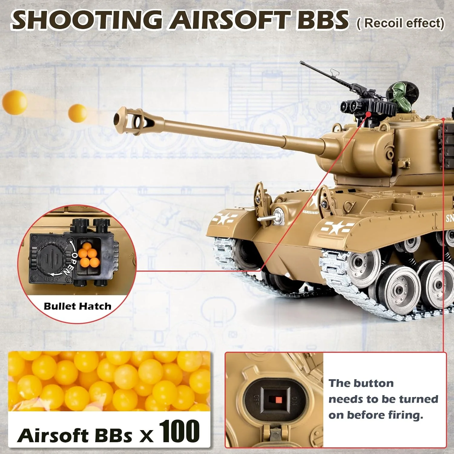 تانک کنترلی 1:18، مدل تانک M26 پرشینگ با کنترل از راه دور 2.4 گیگاهرتز که گلوله های پلاستیکی و بمب های آبی شلیک می کند، وسیله نقلیه نظامی کنترلی برای بزرگسالان و کودکان، اسباب بازی های ارتشی با دود، صدا و لگد