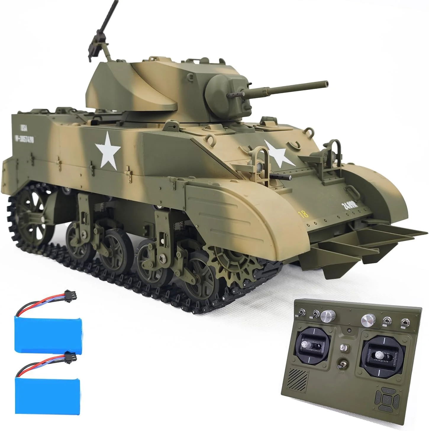 تانک کنترلی مدل US M5A1 Stuart مقیاس 1/16، تانک جنگی نظامی آرسی با قابلیت شبیه‌سازی دود، بالا و پایین بردن لوله توپ، چرخش 360 درجه برجک، مدل کلکسیونی با 2 باتری طرح استتار