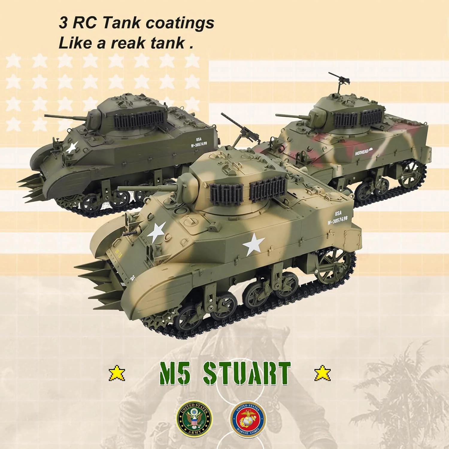 تانک کنترلی مدل US M5A1 Stuart مقیاس 1/16، تانک جنگی نظامی آرسی با قابلیت شبیه‌سازی دود، بالا و پایین بردن لوله توپ، چرخش 360 درجه برجک، مدل کلکسیونی با 2 باتری طرح استتار