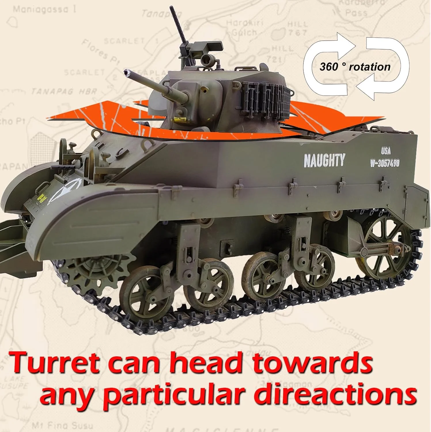 تانک کنترلی مدل US M5A1 Stuart مقیاس 1/16، تانک جنگی نظامی آرسی با قابلیت شبیه‌سازی دود، بالا و پایین بردن لوله توپ، چرخش 360 درجه برجک، مدل کلکسیونی با 2 باتری طرح استتار