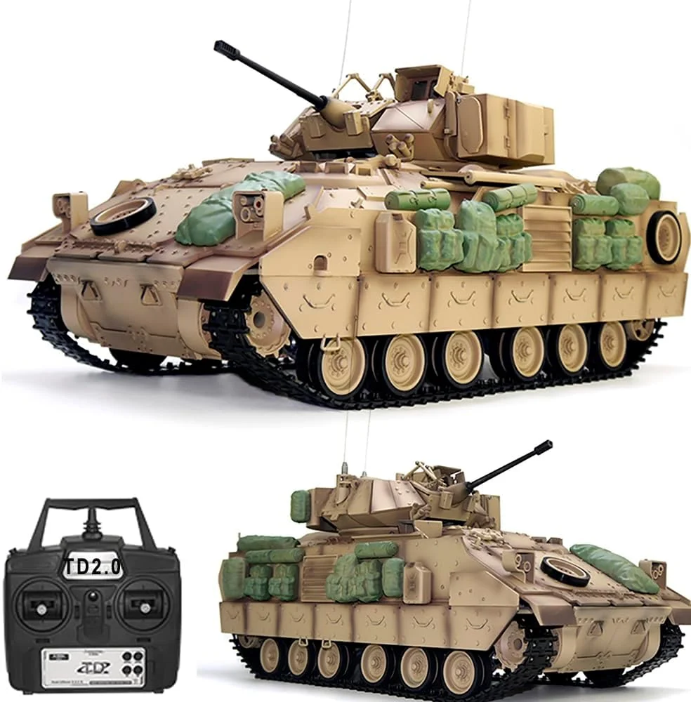 تانک کنترلی بزرگ مدل M2A2 Bradley، تانک جنگی آرسی با نور، مقیاس 1/16، شبیه ساز خودروی جنگی دودزا با جلوه صوتی، مدل کلکسیونی 44 سانتی متری (بدون قابلیت شلیک)