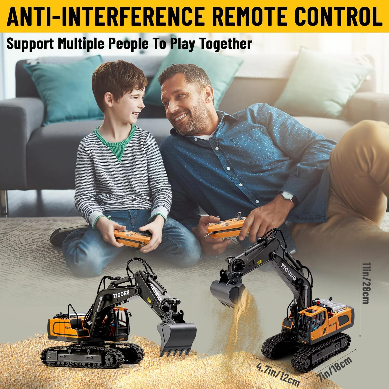 بیل مکانیکی کنترلی برای پسران و دختران بالای 5 سال، ماشین های آرسی 2.4 گیگاهرتزی با نور، صدا و چرخش 680 درجه، اسباب بازی ساختمانی هدیه تولد