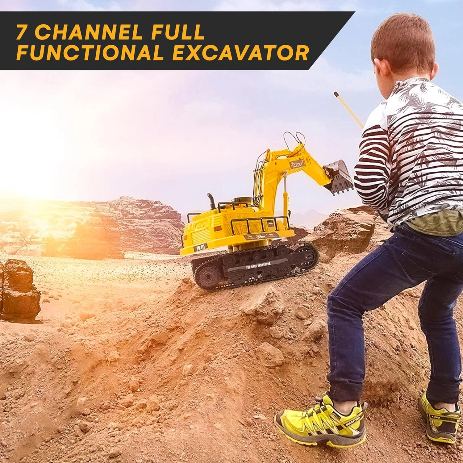 بیل مکانیکی آرسی 7 کاناله Top Race، تراکتور ساختمانی کنترلی الکتریکی با باتری، دارای چراغ و صدا (TR-111) بیل مکانیکی آرسی 7 کاناله Top Race، تراکتور ساختمانی کنترلی الکتریکی با باتری، دارای چراغ و صدا (TR-111)