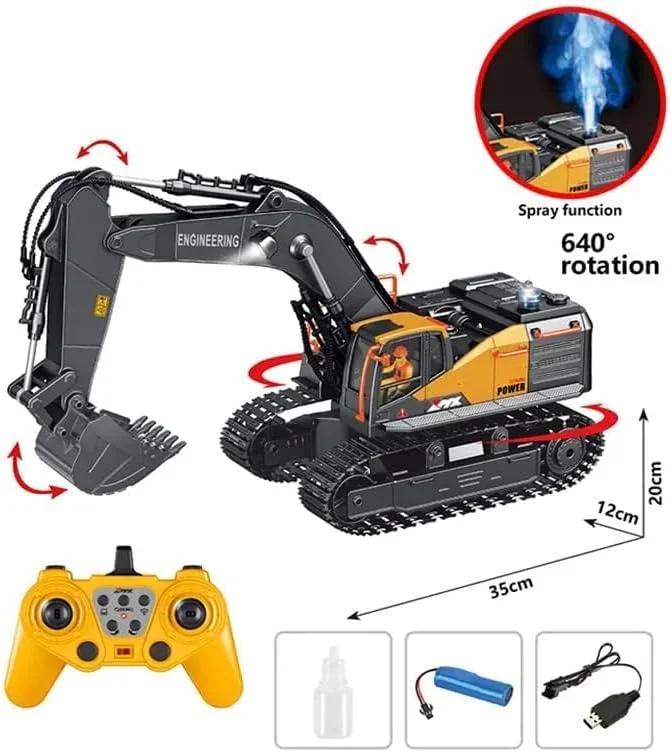 اسباب بازی بیل مکانیکی کنترلی RABRA RC برای پسران - ماشین ساختمانی کنترل از راه دور 2.4 گیگاهرتزی، اسباب بازی بیل مکانیکی 11 کاناله با بیل فلزی، چراغ ها، صدا و اسپری، اسباب بازی های حفاری برای کودکان 3-5 4-7 8-12