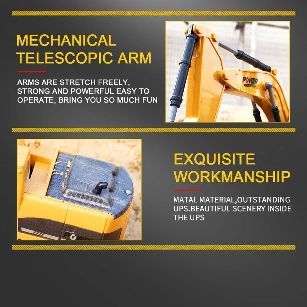 اسباب بازی بیل مکانیکی کنترلی شبیه سازی شده 1/24، ماشین های ساختمانی آرسی 6 کاناله، اسباب بازی های حفاری هدیه برای کودکان پسر 6 7 8 9 10 ساله