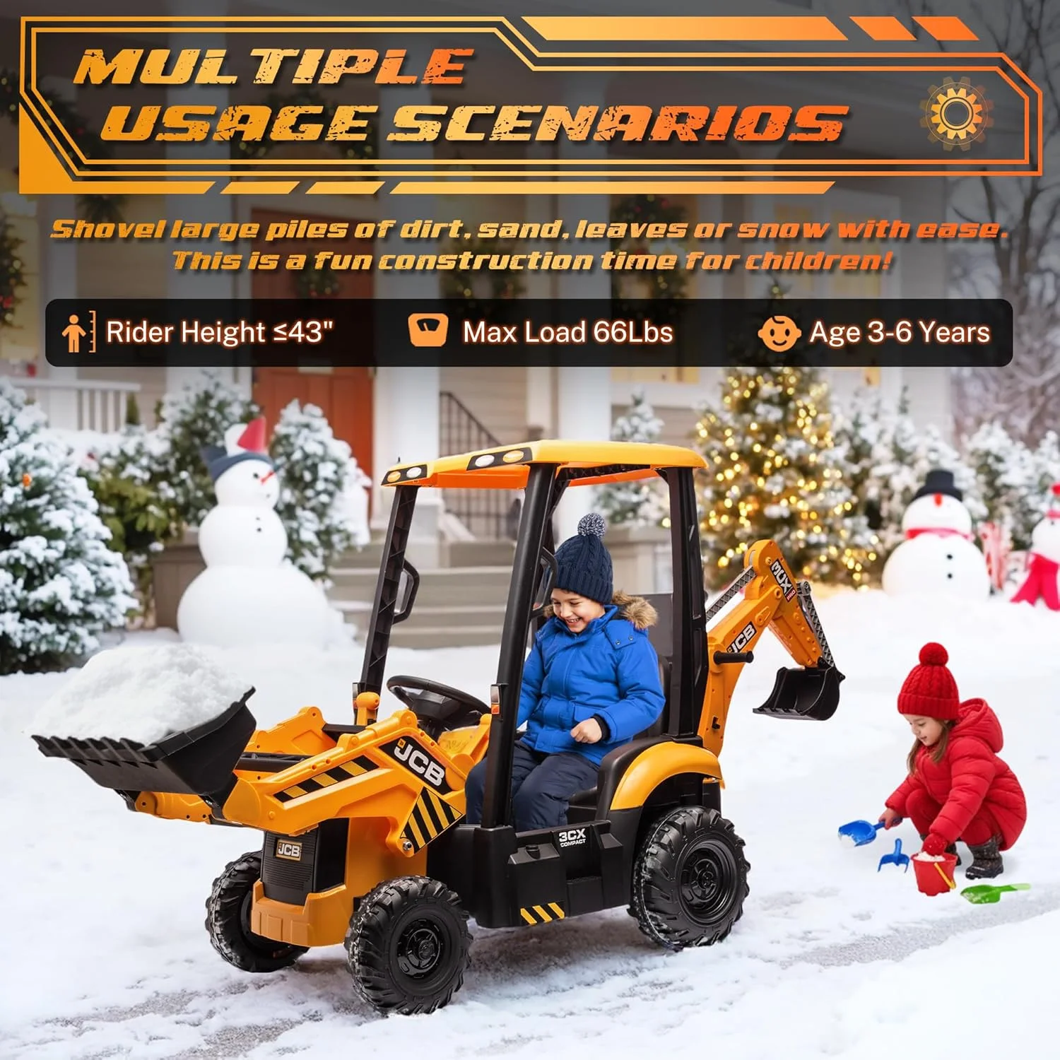 ماشین اسباب بازی لودر بیل مکانیکی برقی JCB 12 ولت برای کودکان، ماشین بازی ساختمانی با باتری با لودر جلو و بیل مکانیکی، کنترل از راه دور، قطعات متحرک، صندلی قابل تنظیم، شروع نرم