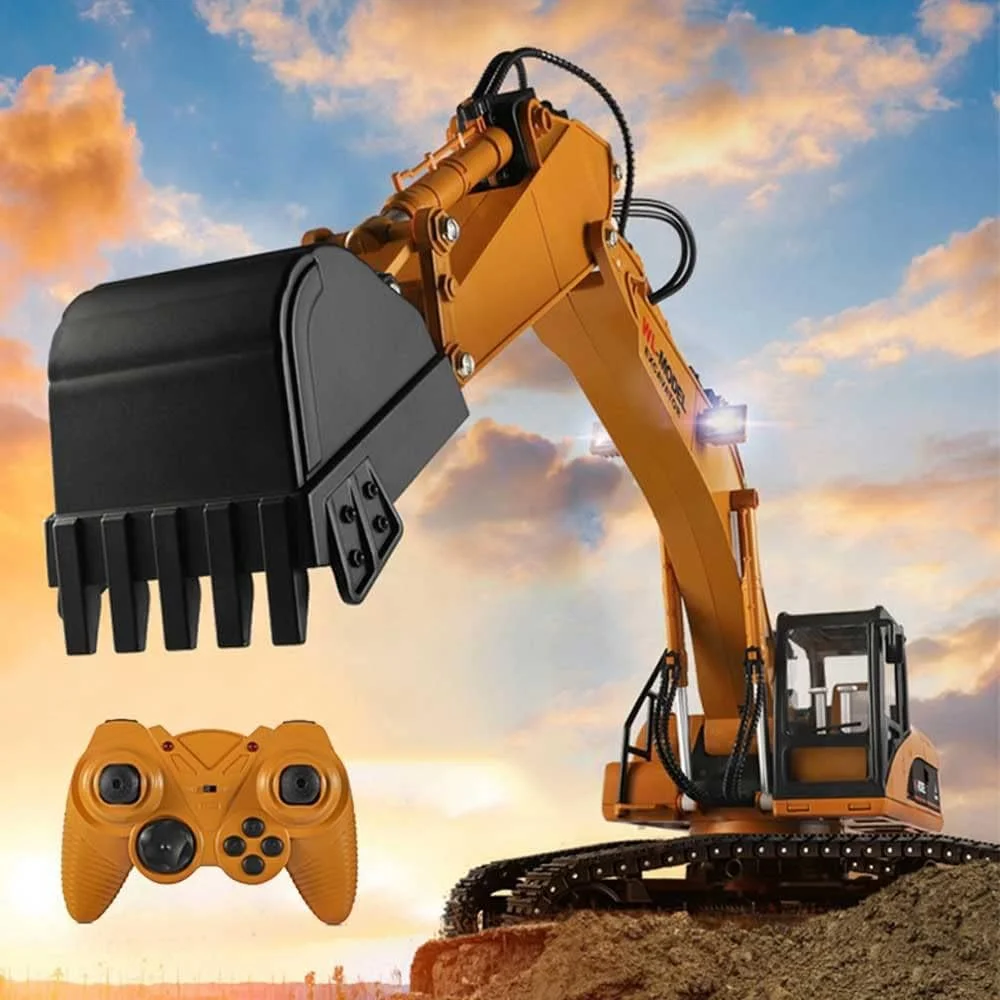 بیل مکانیکی کنترلی 1/16، تراکتور RC ماشین ساختمانی، شبیه سازی میله هیدرولیک با نورپردازی LED، 500 گرم در هر اینچ مکعب، دود، قابل استفاده با کامیون کمپرسی RC ما