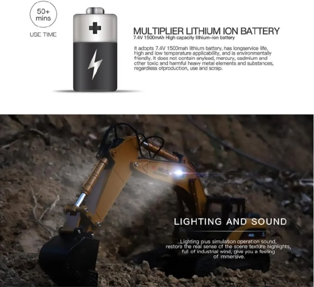 بیل مکانیکی کنترلی 1/16، تراکتور RC ماشین ساختمانی، شبیه سازی میله هیدرولیک با نورپردازی LED، 500 گرم در هر اینچ مکعب، دود، قابل استفاده با کامیون کمپرسی RC ما