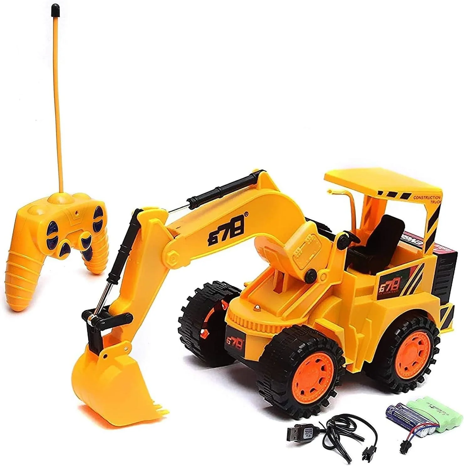 اسباب بازی ماشین ساختمانی بیل مکانیکی و بولدوزر 5 کاناله برای کودکان، چرخش 360 درجه، کنترل از راه دور، کامیون هیولا برقی