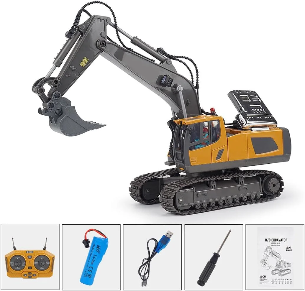 مینی بیل مکانیکی کنترل از راه دور برای پسران، مقیاس 1/24 2.4G 9CH آلیاژی RC با نور و جلوه های صوتی، ایده آل برای علاقه مندان به وسایل نقلیه ساختمانی RC