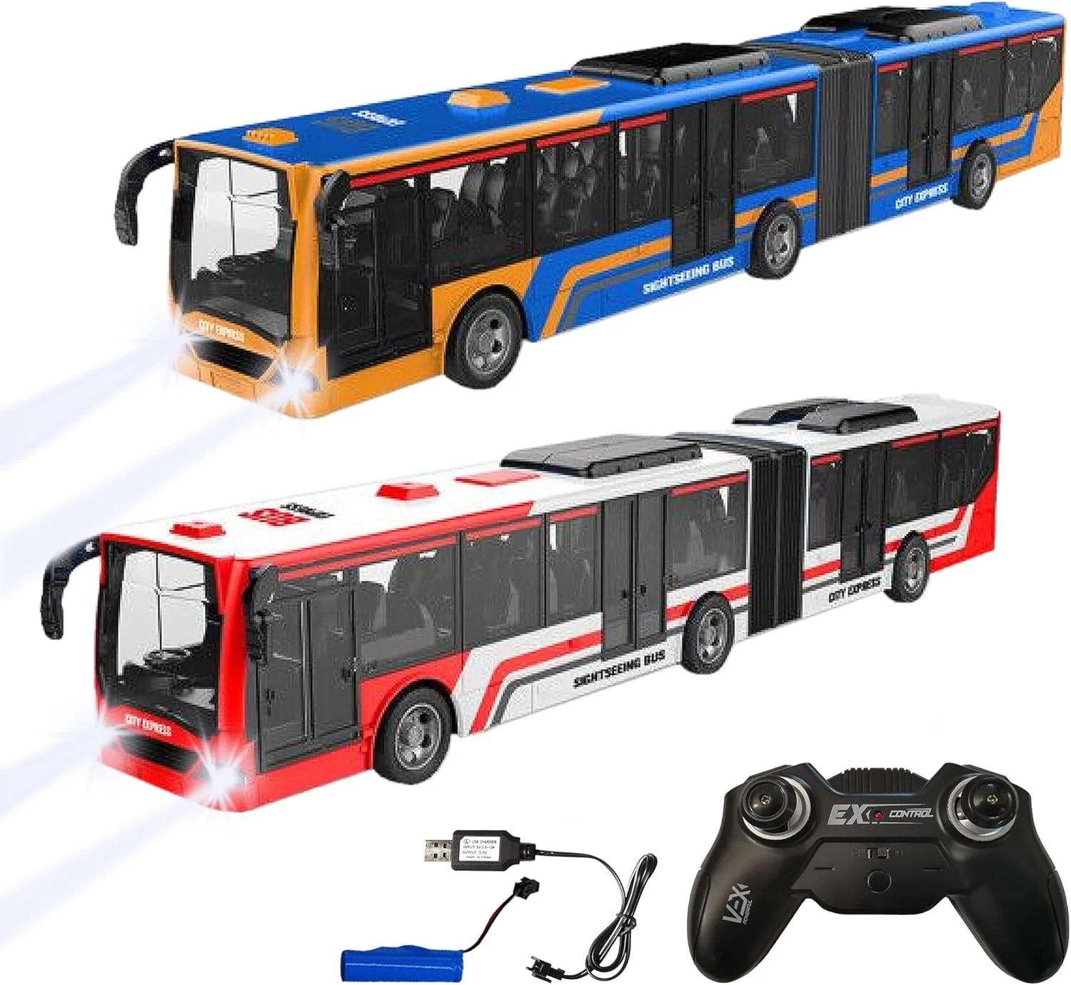 اتوبوس اسباب بازی کنترلی با چراغ جلو، شارژر باتری، 2.4 گیگاهرتز، 45 سانتی متر طول، به عنوان هدیه برای کودکان، پسران و دختران