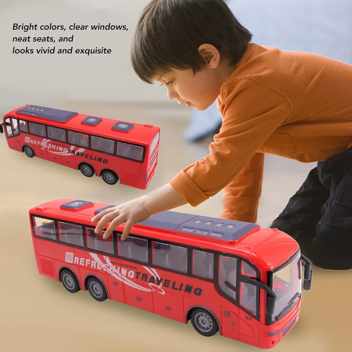 اتوبوس کنترل از راه دور Bewinner، اتوبوس مدرسه RC شبیه سازی 1/30، ماشین مسابقه ای RC وسایل نقلیه الکترونیکی، اسباب بازی اتوبوس RC بی سیم برقی برای پسران و دختران نوپا (سفر قرمز)