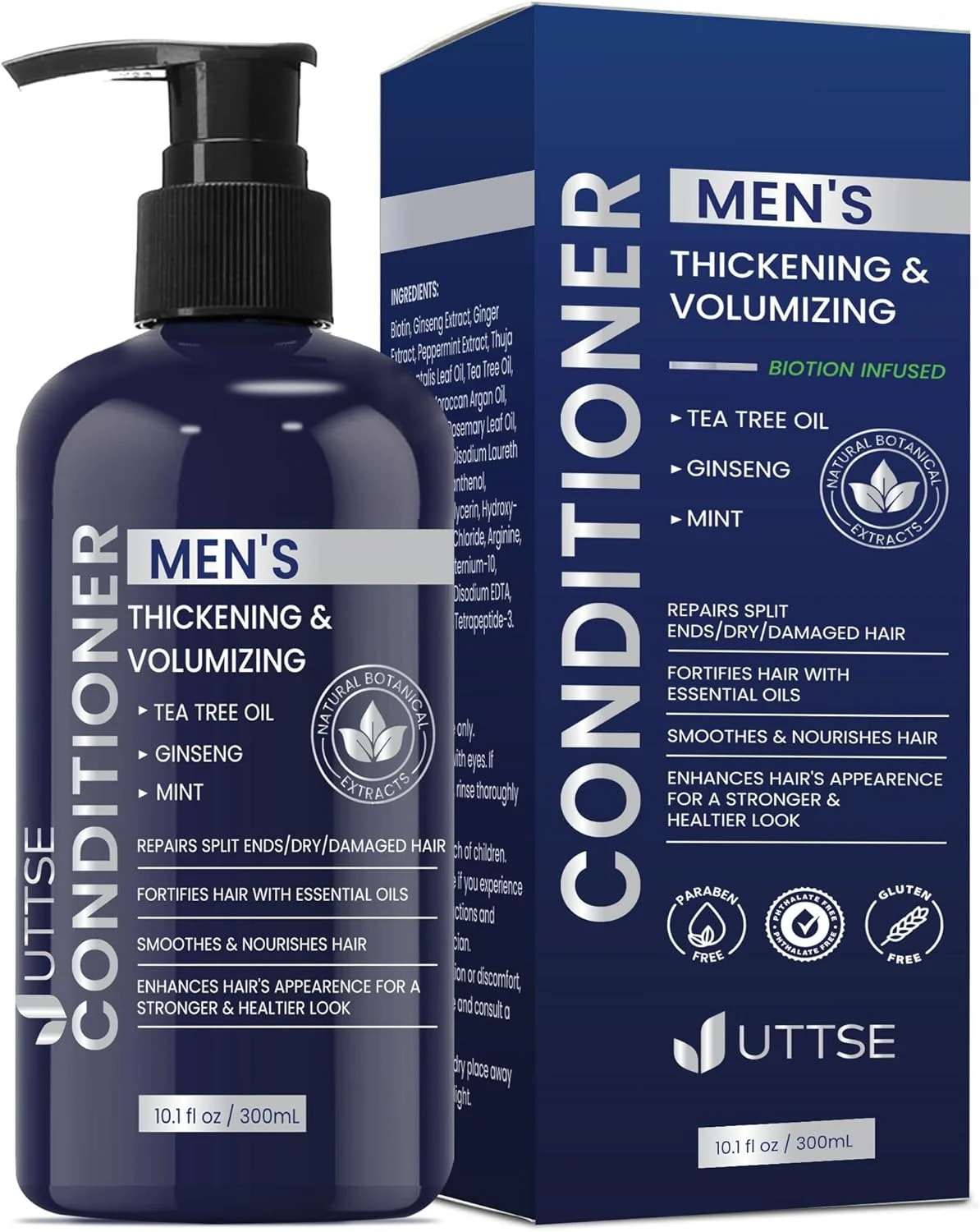 نرم کننده بیوتین Uttse برای رشد موی آقایان، نرم کننده طبیعی ضخیم کننده و حجم دهنده با درخت چای، جینسینگ و نعناع فلفلی برای ریزش و نازک شدن مو - 300 میلی لیتر