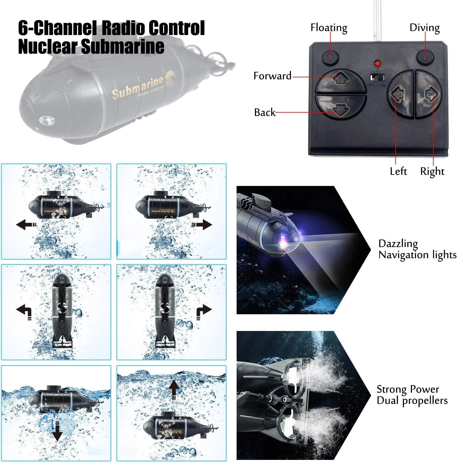 اسباب بازی زیردریایی هسته ای مینیاتوری کنترل از راه دور Tipmant، قایق RC برقی آبی کودکان هدیه تولد (مشکی)