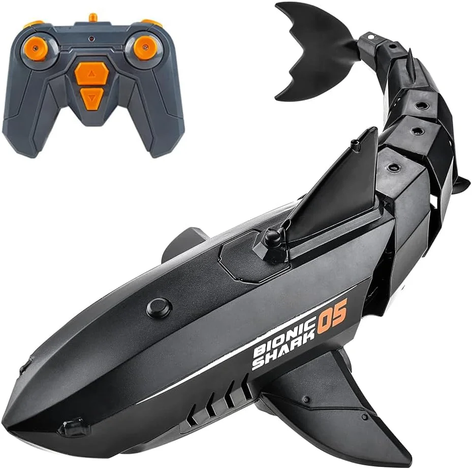 اسباب بازی کوسه کنترلی 2.4G، ماهی الکتریکی کنترلی شبیه سازی شده در مقیاس 1:18، اسباب بازی استخر برای حمام استخر، قایق کنترلی هدیه عالی برای پسران و دختران 6+ ساله، مشکی