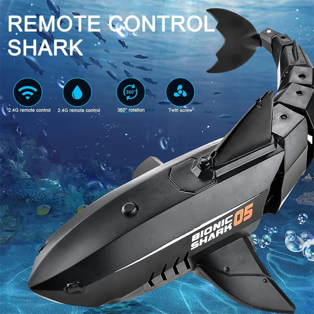 اسباب بازی کوسه کنترلی 2.4G، ماهی الکتریکی کنترلی شبیه سازی شده در مقیاس 1:18، اسباب بازی استخر برای حمام استخر، قایق کنترلی هدیه عالی برای پسران و دختران 6+ ساله، مشکی