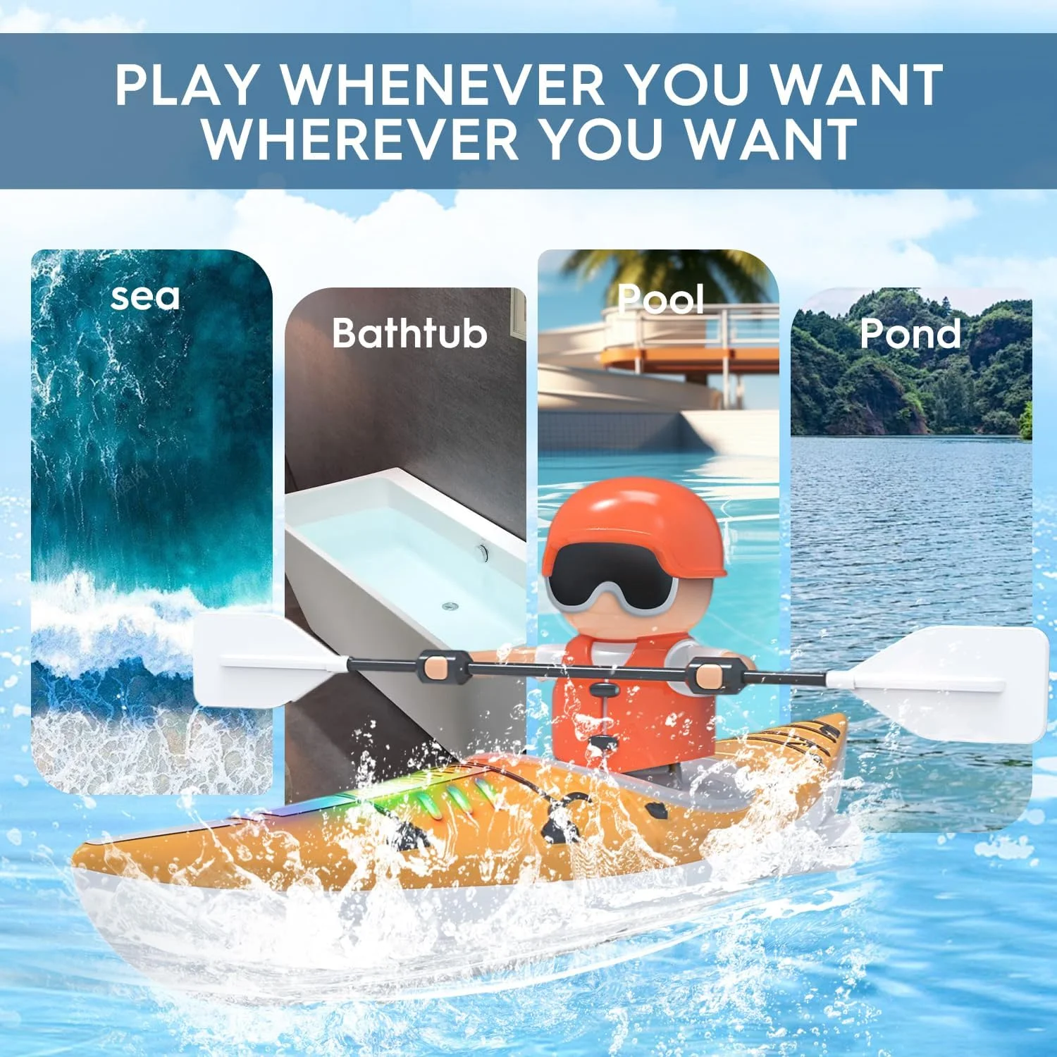 قایق کایاک کنترلی برای کودکان، اسباب بازی قایق کوسه کنترل از راه دور 2.4 گیگاهرتزی با چراغ LED برای استخر، دریاچه، وان حمام، شنا، بدون واژگونی، اسباب بازی های آبی تابستانی هدیه برای پسران و دختران 6-12 ساله آبی (1 عدد)