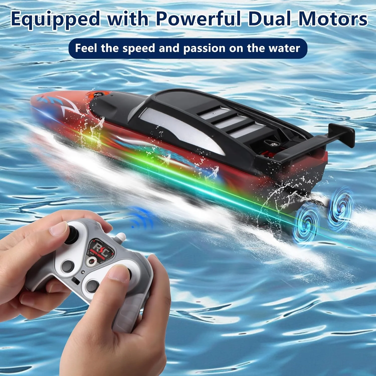 قایق کنترلی با چراغ ال ای دی، قایق آرسی 2.4 گیگاهرتز، سرعت 50 کیلومتر در ساعت، قایق مسابقه ای، مناسب برای کودکان و بزرگسالان، اسباب بازی دریاچه و استخر