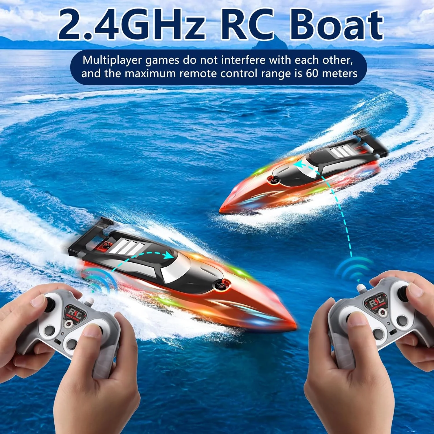 قایق کنترلی با چراغ ال ای دی، قایق آرسی 2.4 گیگاهرتز، سرعت 50 کیلومتر در ساعت، قایق مسابقه ای، مناسب برای کودکان و بزرگسالان، اسباب بازی دریاچه و استخر