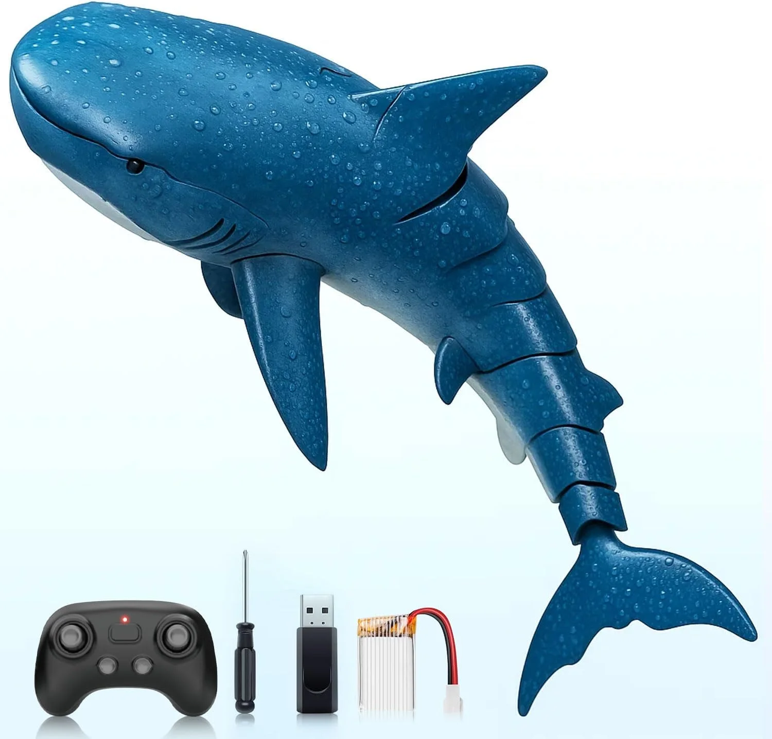 کوسه کنترل از راه دور RC، اسباب بازی ماهی زیر آب برای استخر، قایق کنترل از راه دور، اسباب بازی آبی واقعی با اسپری آب و چراغ های LED برای کودکان، کوسه شبیه سازی ضد آب برای هدیه (آبی)