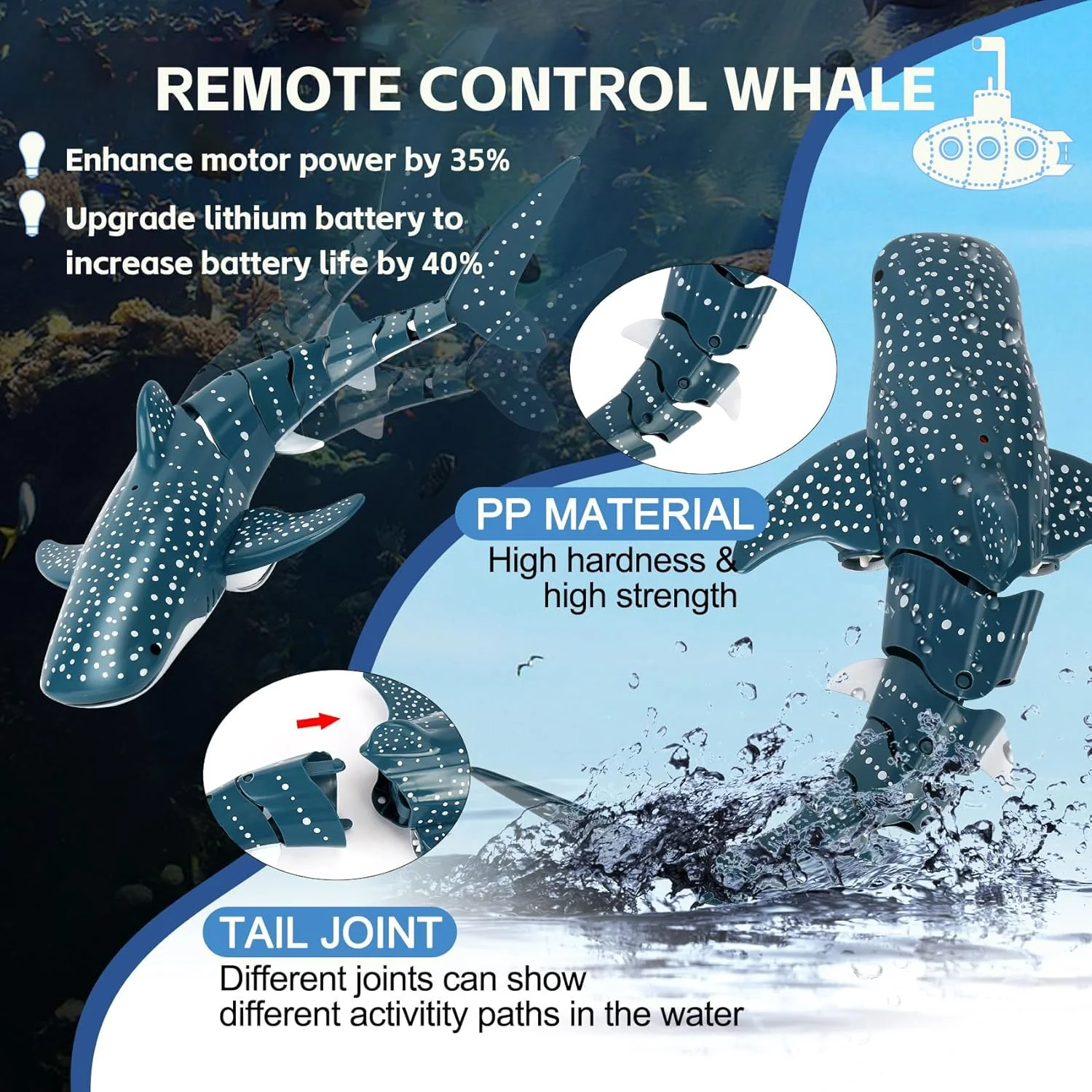 کوسه کنترل از راه دور ViBon، ماهی رباتیک الکتریکی بیومیمتیک شارژی، ماهی متحرک شبیه سازی شده، اسباب بازی بازی آبی تابستانی کودکان، مناسب برای استخرها و حمام ها