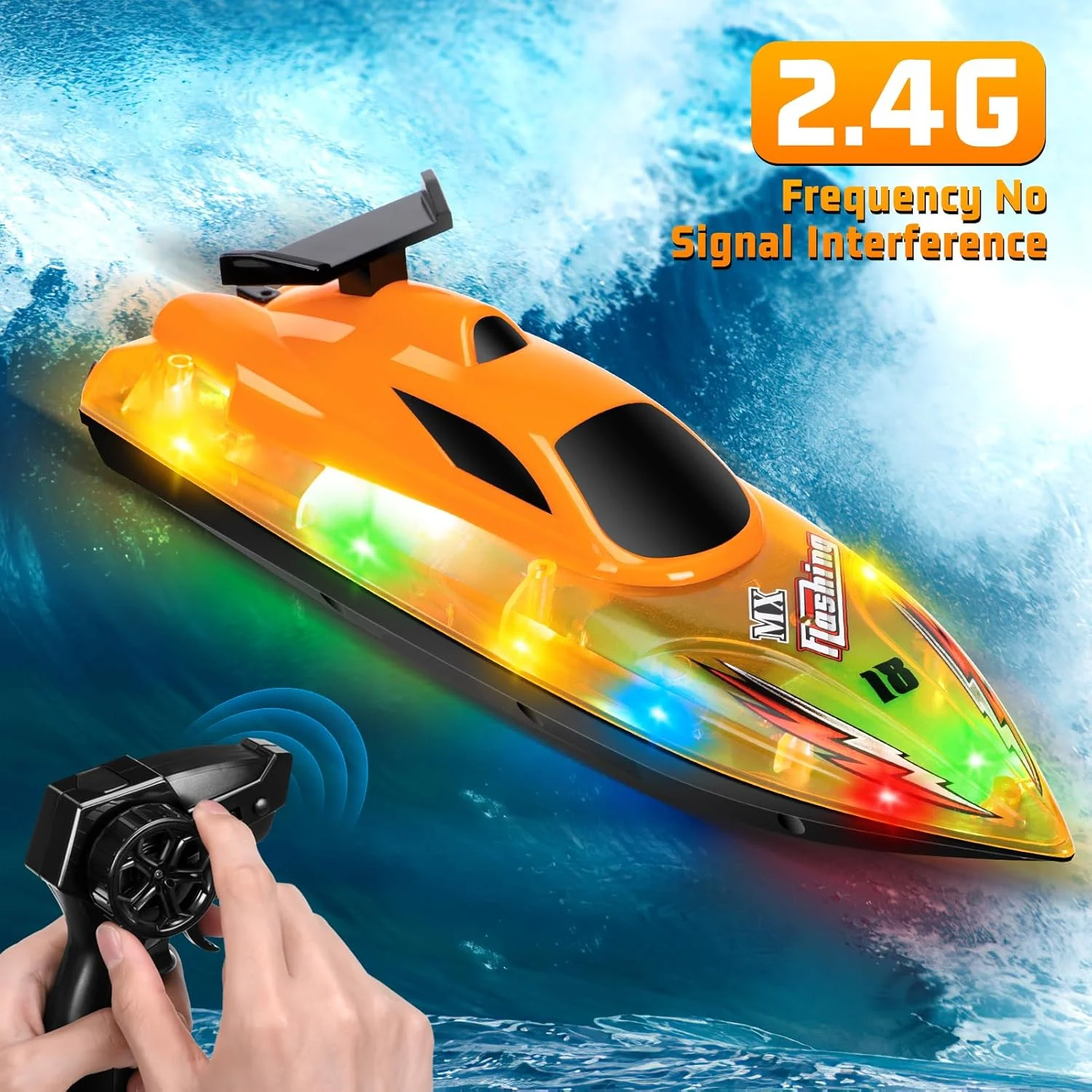 قایق کنترلی، قایق برقی پرسرعت 2.4 گیگاهرتز با 2 باتری قابل شارژ، کشتی برقی بی سیم LED سبک وزن برای کودکان و بزرگسالان استخر روباز (زرد)