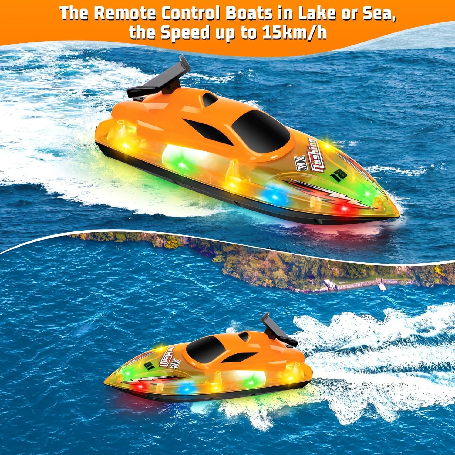 قایق کنترلی، قایق برقی پرسرعت 2.4 گیگاهرتز با 2 باتری قابل شارژ، کشتی برقی بی سیم LED سبک وزن برای کودکان و بزرگسالان استخر روباز (زرد)