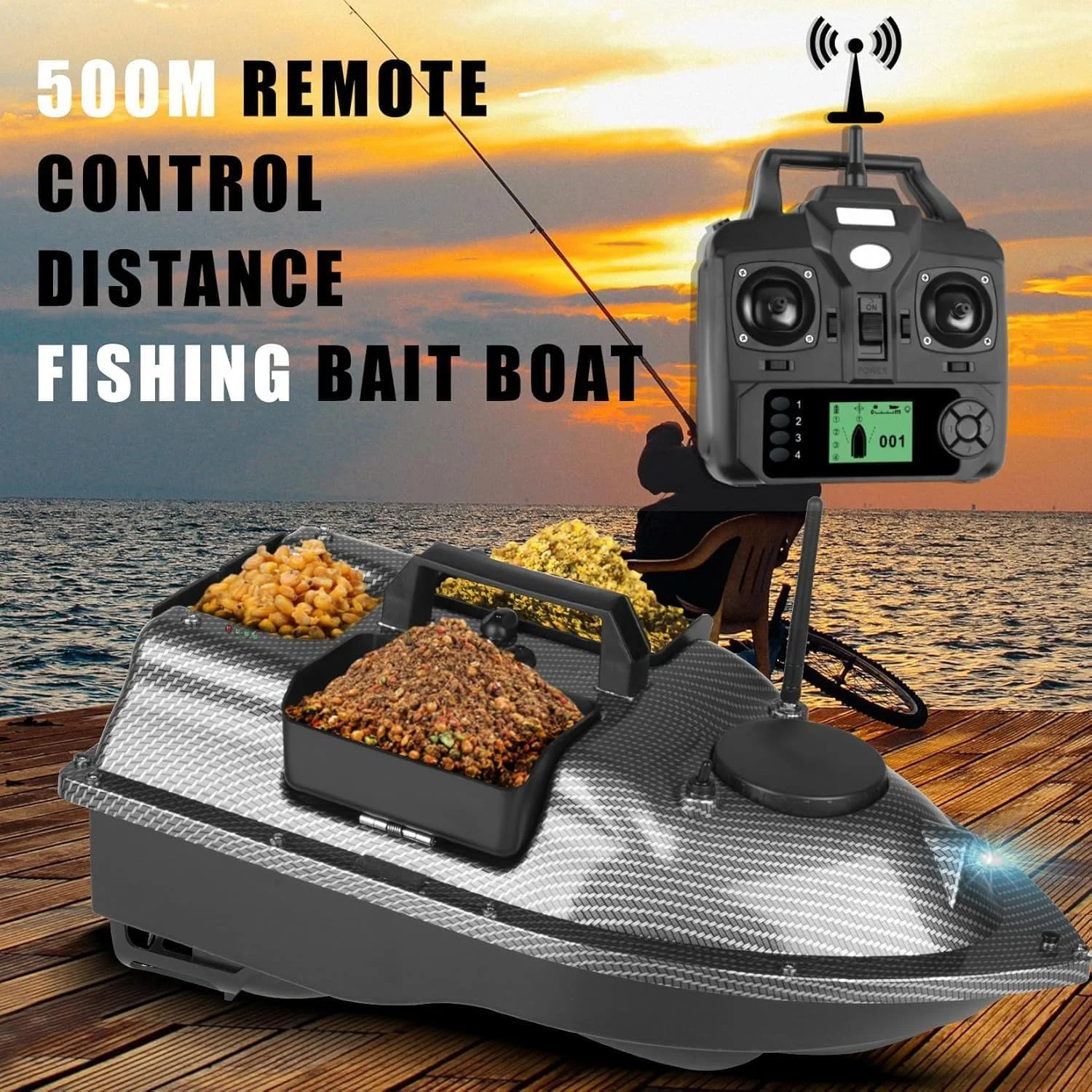 قایق طعمه پاش هوشمند بی سیم RC، قایق RC قلاب ماهی کپور با فاصله 500 متری GPS، ماهی یاب سنسور LCD با کیف دستی، بازگشت خودکار، 16 نقطه حافظه، برای ماهیگیری کپور