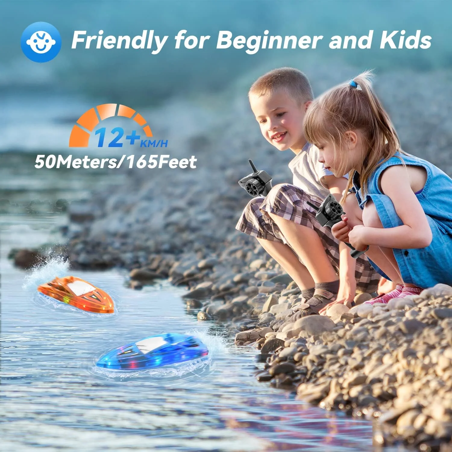 قایق کنترلی 2 عددی با چراغ LED، اسباب بازی آبی استخر با کنترل از راه دور برای کودکان 8 تا 12 سال و بزرگسالان، مناسب دریاچه ها و وان حمام، دارای بدنه کاملا ضد آب، آلارم باتری کم، 2.4 گیگاهرتز، برد کنترل 50 متر، باتری قابل شارژ