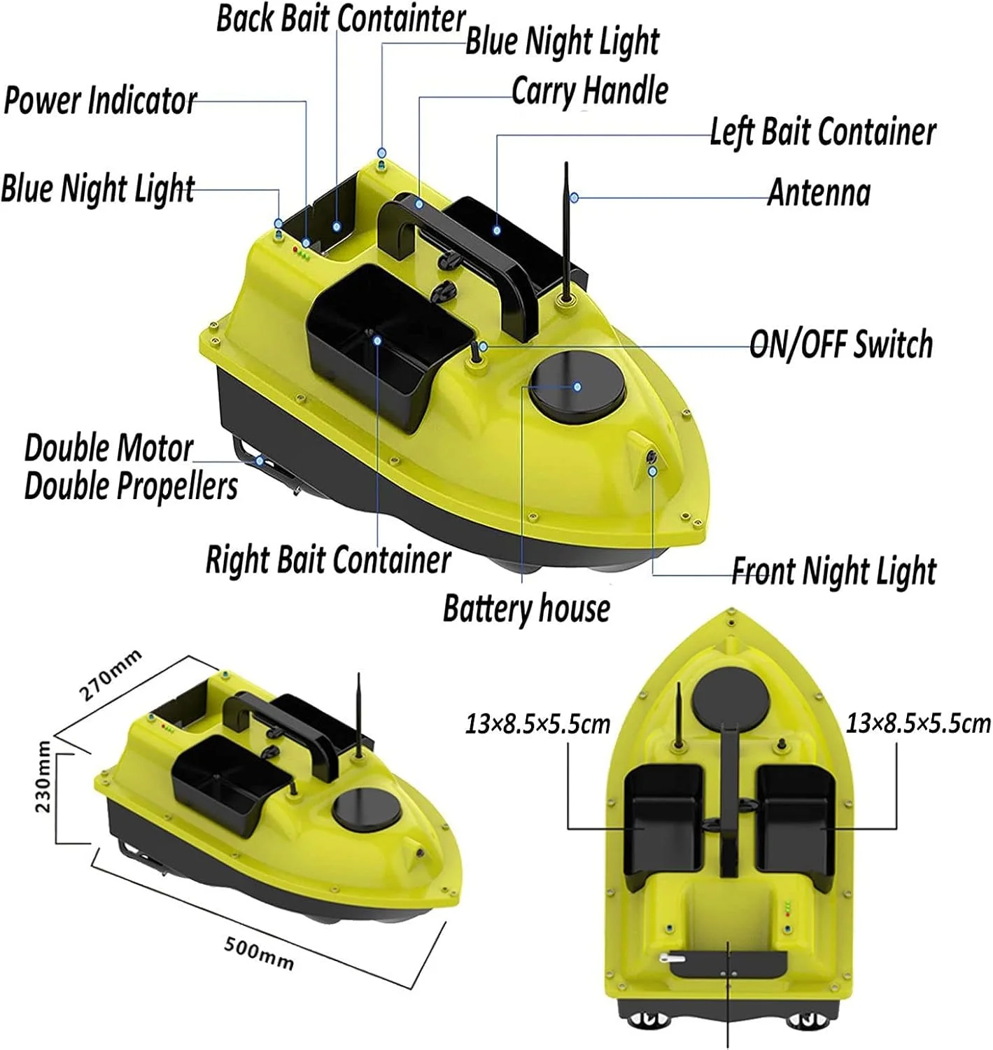 قایق طعمه ماهیگیری کنترل از راه دور برای کپور، بازگشت خودکار با ظرفیت بارگیری 2 کیلوگرم، ماهی یاب با GPS، دو موتور، کنترل کروز خودکار، مشکی - 12000mAh*1 (زرد، 12000mAh*2)