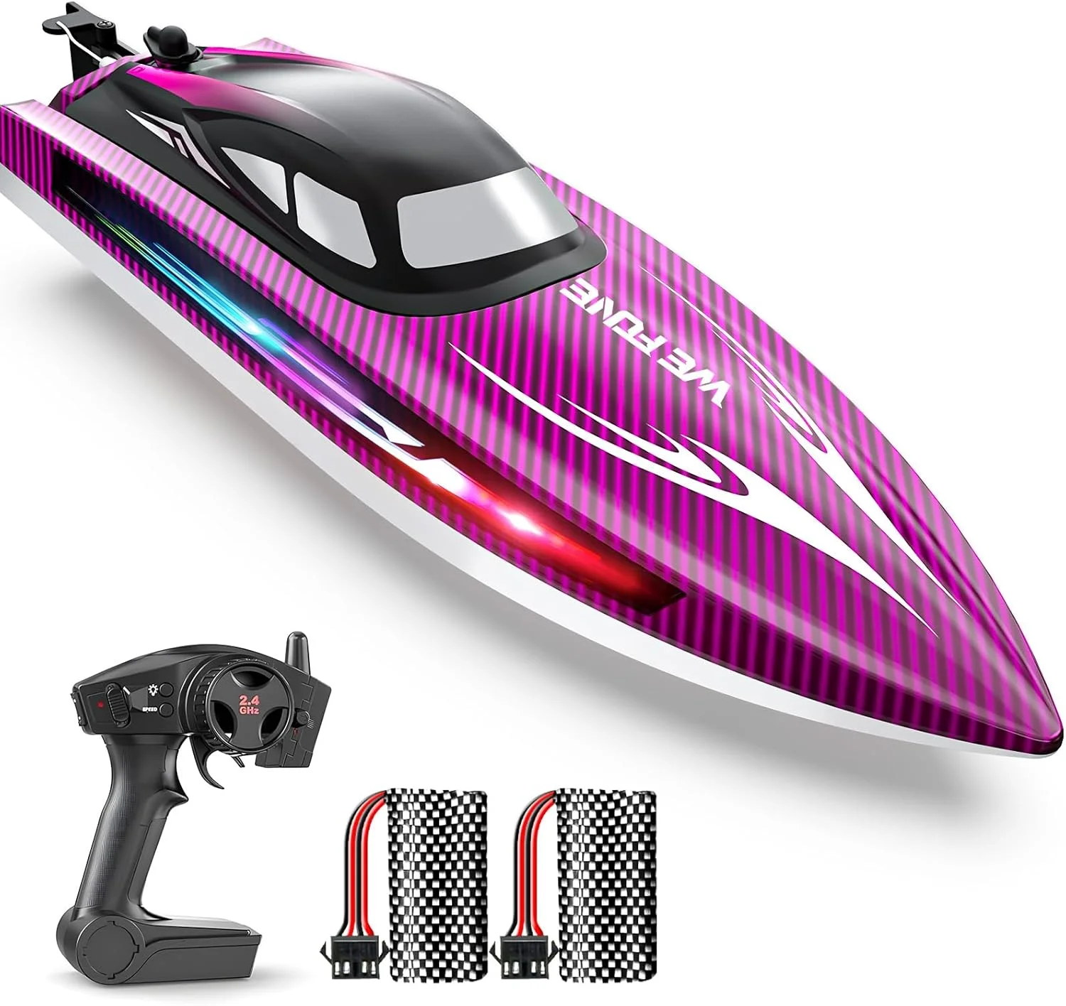 قایق کنترلی از راه دور، قایق پرسرعت آرسی با سرعت 25+ کیلومتر در ساعت با چراغ ال ای دی برای کودکان، خود اصلاح شونده، نمایش، WF17 ایده آل برای استخرها و دریاچه ها، 2 باتری قابل شارژ برای 30-40 دقیقه، بنفش