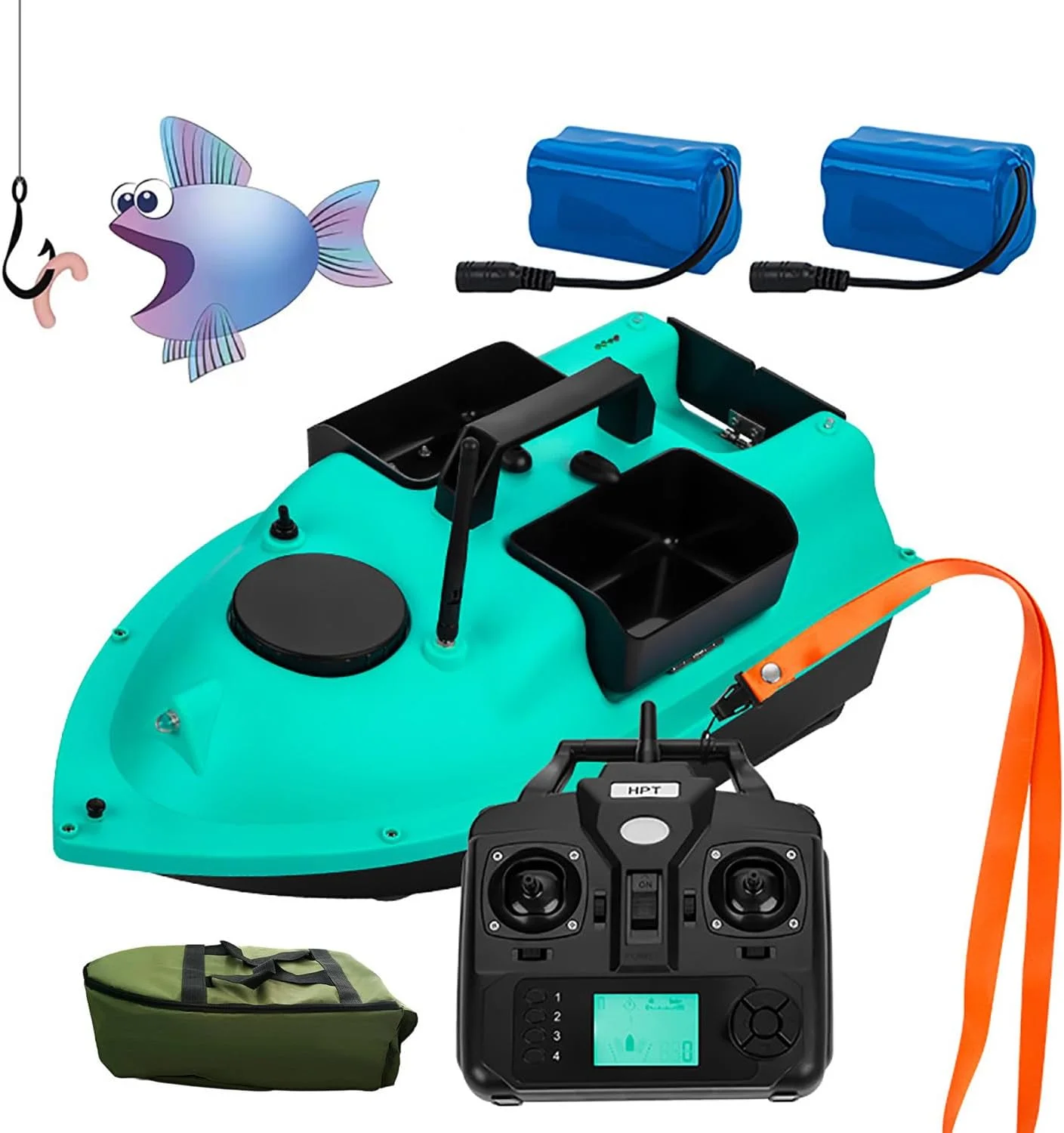 قایق طعمه پاشی ماهیگیری 500 متری ارتقا یافته جدید با کیف قایق + 2 عدد باتری 12000 میلی آمپر ساعتی + چراغ های ماهیگیری شبانه، 3 مخزن طعمه مستقل، 16 نقطه موقعیت یابی، ظرفیت بارگیری 2 کیلوگرم، قایق طعمه پاشی GPS برای ماهیگیری