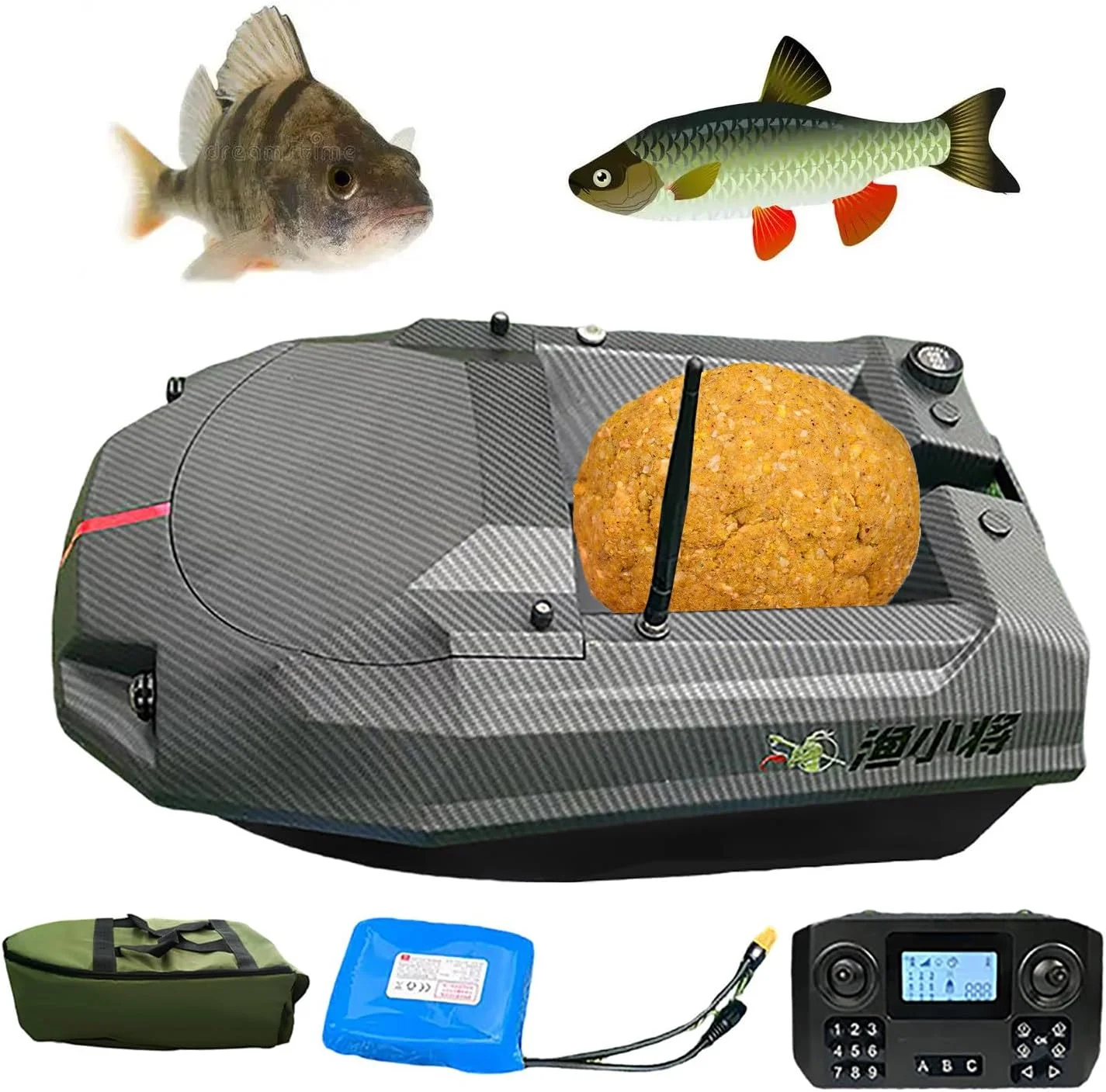 قایق طعمه پاشی 12 ولت برای ماهیگیری با قابلیت رهاسازی طعمه، کنترل از راه دور دو دستی 600 متری، موقعیت یابی 100 نقطه ای جی پی اس، بازگشت خودکار با 2 عدد باتری 15600 و کیف قایق، ظرفیت بار 3.5 کیلوگرم، ماهیگیری در شب