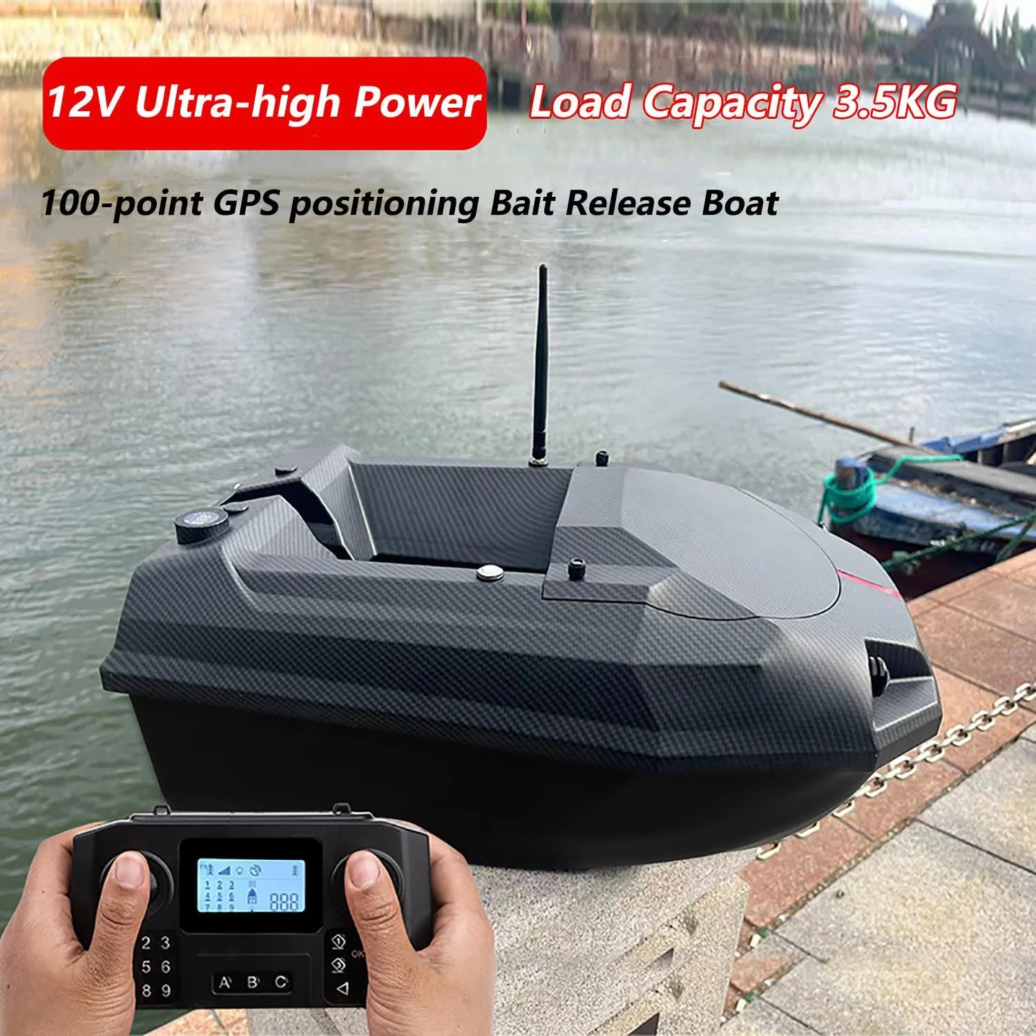 قایق طعمه پاشی 12 ولت برای ماهیگیری با قابلیت رهاسازی طعمه، کنترل از راه دور دو دستی 600 متری، موقعیت یابی 100 نقطه ای جی پی اس، بازگشت خودکار با 2 عدد باتری 15600 و کیف قایق، ظرفیت بار 3.5 کیلوگرم، ماهیگیری در شب