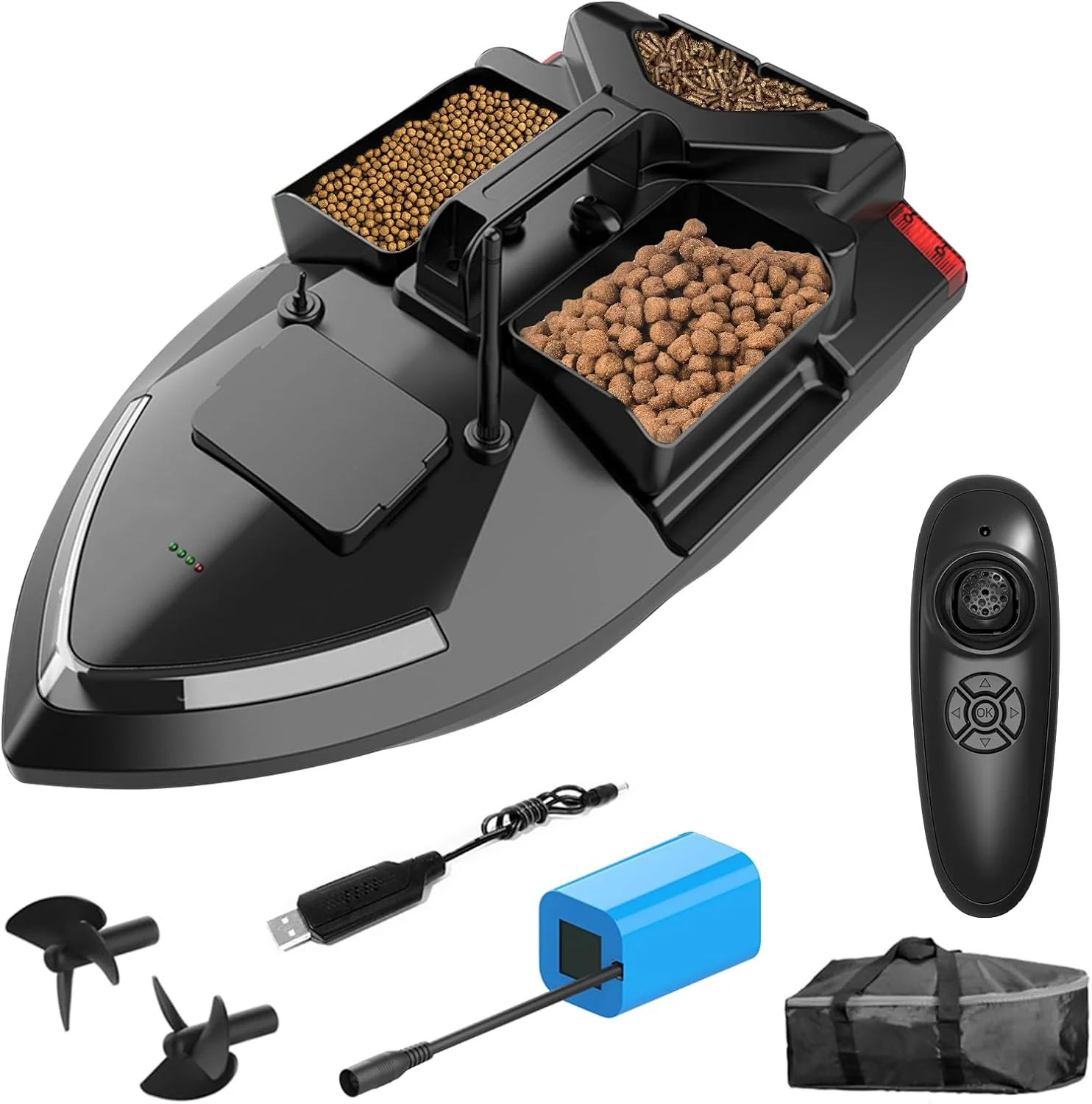 قایق طعمه پاشی RC - قایق کنترل از راه دور 500 متری برای بزرگسالان با موتورهای دوگانه، ظرفیت 2 کیلوگرمی، 3 محفظه مستقل طعمه، باتری 12000 میلی آمپر ساعتی برای 4 ساعت بازی - برای ماهیگیری حرفه ای