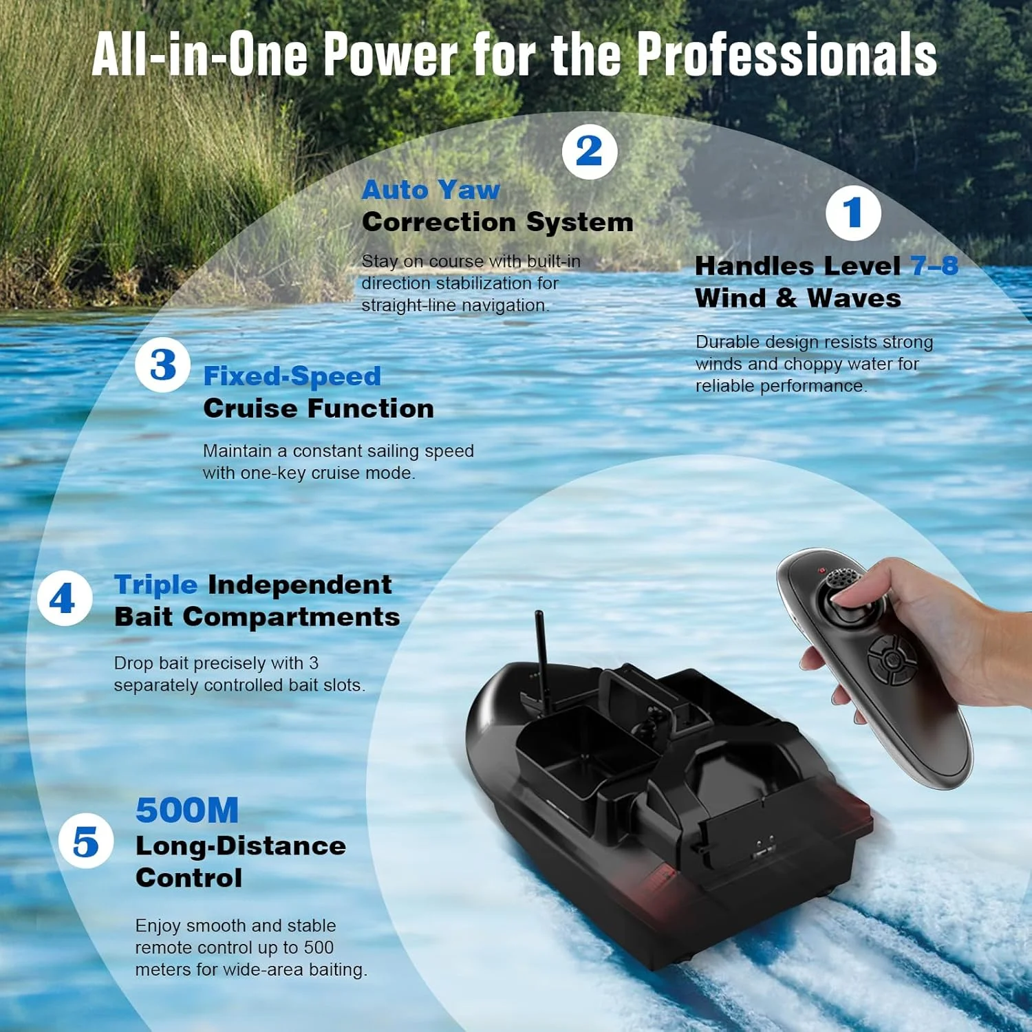 قایق طعمه پاشی RC - قایق کنترل از راه دور 500 متری برای بزرگسالان با موتورهای دوگانه، ظرفیت 2 کیلوگرمی، 3 محفظه مستقل طعمه، باتری 12000 میلی آمپر ساعتی برای 4 ساعت بازی - برای ماهیگیری حرفه ای