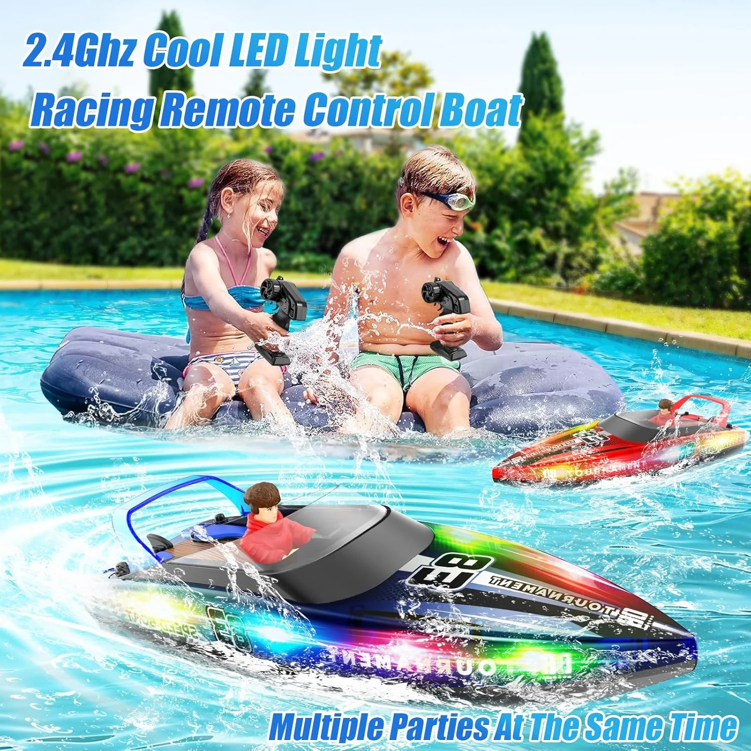 قایق کنترلی با چراغ های ال ای دی، +40 دقیقه زمان بازی، قایق کنترلی ضد آب با قابلیت خود-راست شوندگی برای استخرها، دریاچه ها، وان حمام، اسباب بازی های آبی تابستانی برای کودکان، قایق موتوری کنترل از راه دور (آبی)