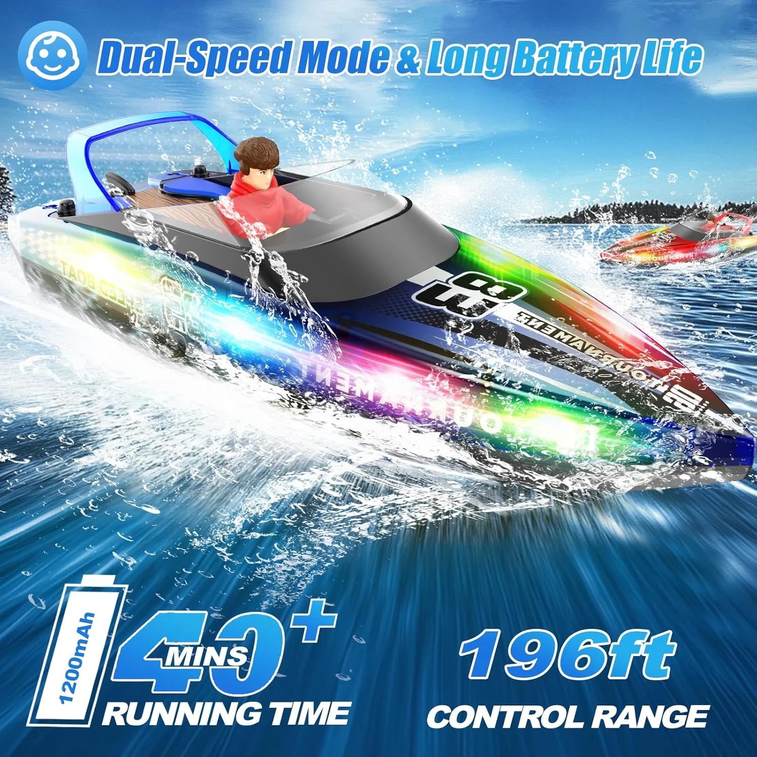 قایق کنترلی با چراغ های ال ای دی، +40 دقیقه زمان بازی، قایق کنترلی ضد آب با قابلیت خود-راست شوندگی برای استخرها، دریاچه ها، وان حمام، اسباب بازی های آبی تابستانی برای کودکان، قایق موتوری کنترل از راه دور (آبی)