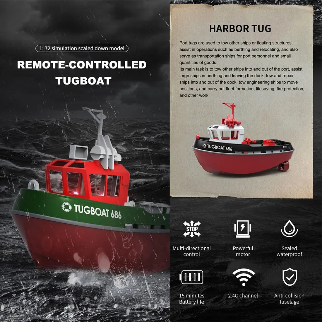 مدل قایق یدک کش کنترلی برای استخر و دریاچه، مقیاس 1/72، مینی قایق کنترل از راه دور 2.4 گیگاهرتز، 8 کیلومتر در ساعت، 15 دقیقه زمان استفاده
