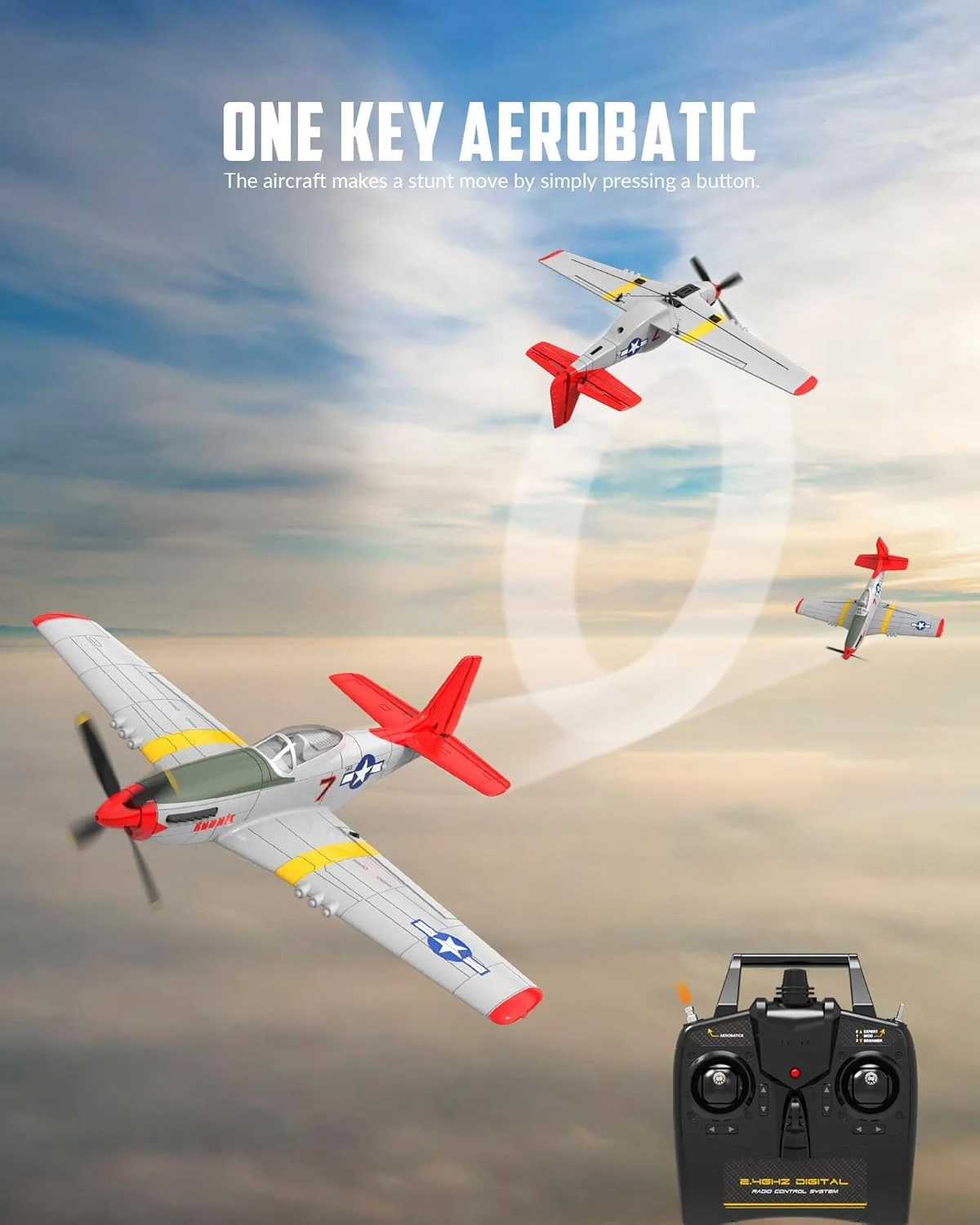 هواپیمای کنترلی VOLANTEXRC، هواپیمای رادیویی P51 Mustang با 4 کانال، آماده پرواز، با سیستم تثبیت کننده Xpilot و قابلیت آکروباتیک تک کلید (قرمز 761-5)