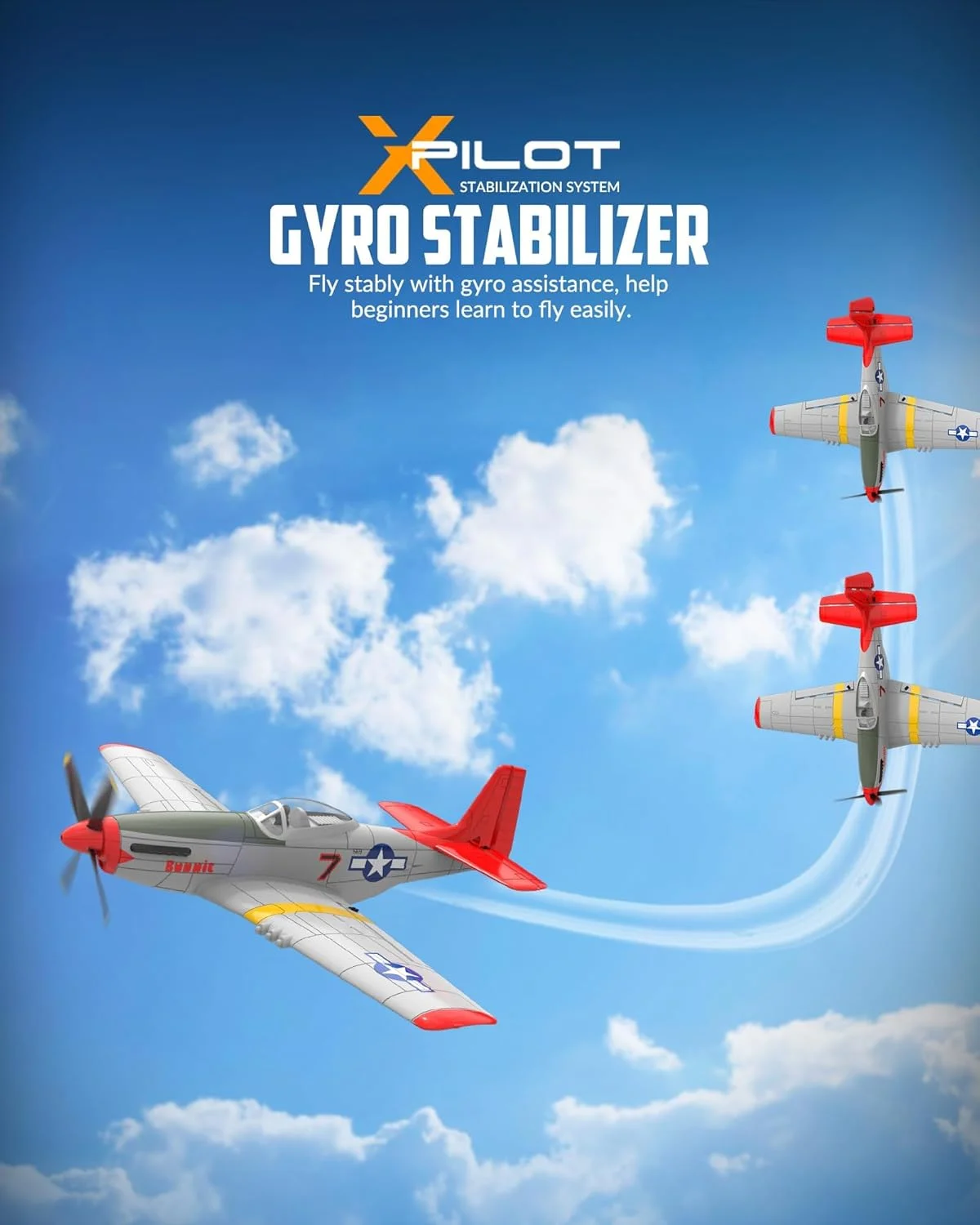 هواپیمای کنترلی VOLANTEXRC، هواپیمای رادیویی P51 Mustang با 4 کانال، آماده پرواز، با سیستم تثبیت کننده Xpilot و قابلیت آکروباتیک تک کلید (قرمز 761-5)