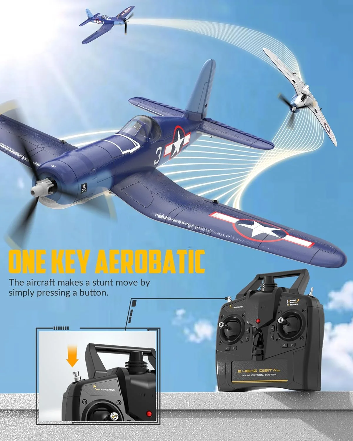 هواپیمای کنترلی VOLANTEXRC، هواپیمای کنترل از راه دور 4 کاناله F4U Corsair با محافظ پروانه و سیستم تثبیت کننده Xpilot، هواپیمای کنترلی 2.4 گیگاهرتزی برای بزرگسالان و مبتدیان (761-8)