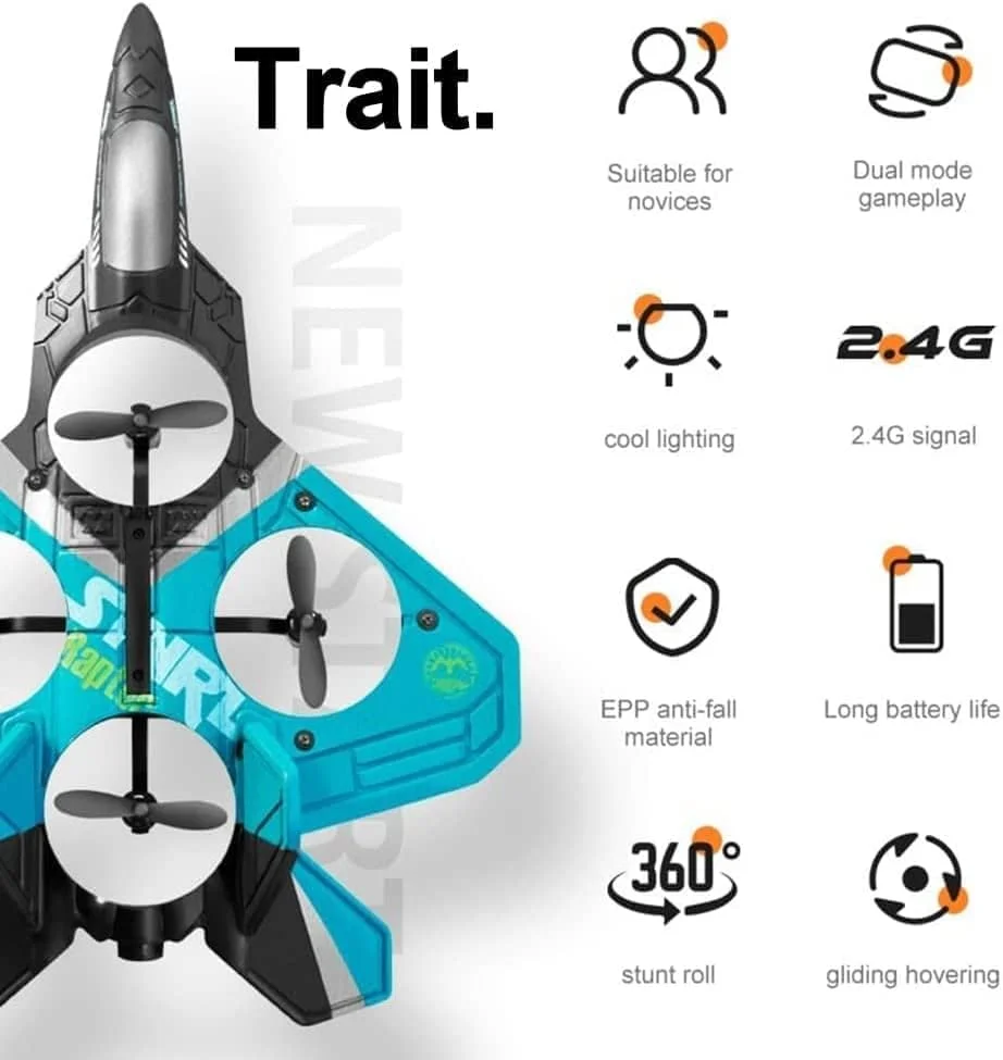 هواپیمای جنگنده V17، هواپیمای آرسی جدید 2022، هواپیمای کنترل از راه دور 6 کاناله 2.4 گیگاهرتزی با چرخش 360 درجه و نور، هواپیمای جت آرسی برای کودکان 8-12 سال (V25-آبی)