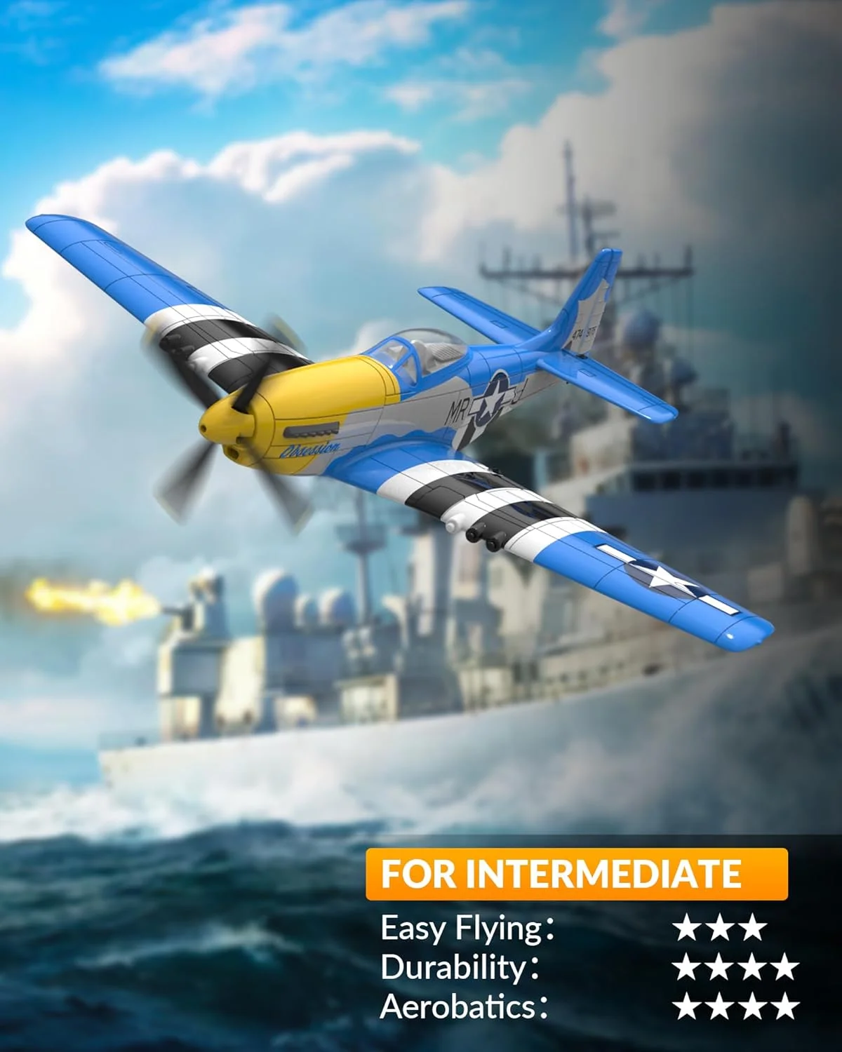 هواپیمای کنترلی VOLANTEXRC مدل P51D Mustang، 4 کانال، جنگنده RTF با جایروسکوپ 6 محوره، 3 حالت پرواز آسان، هواپیمای رادیویی 2.4 گیگاهرتز برای مبتدیان، پسران و بزرگسالان (آبی)